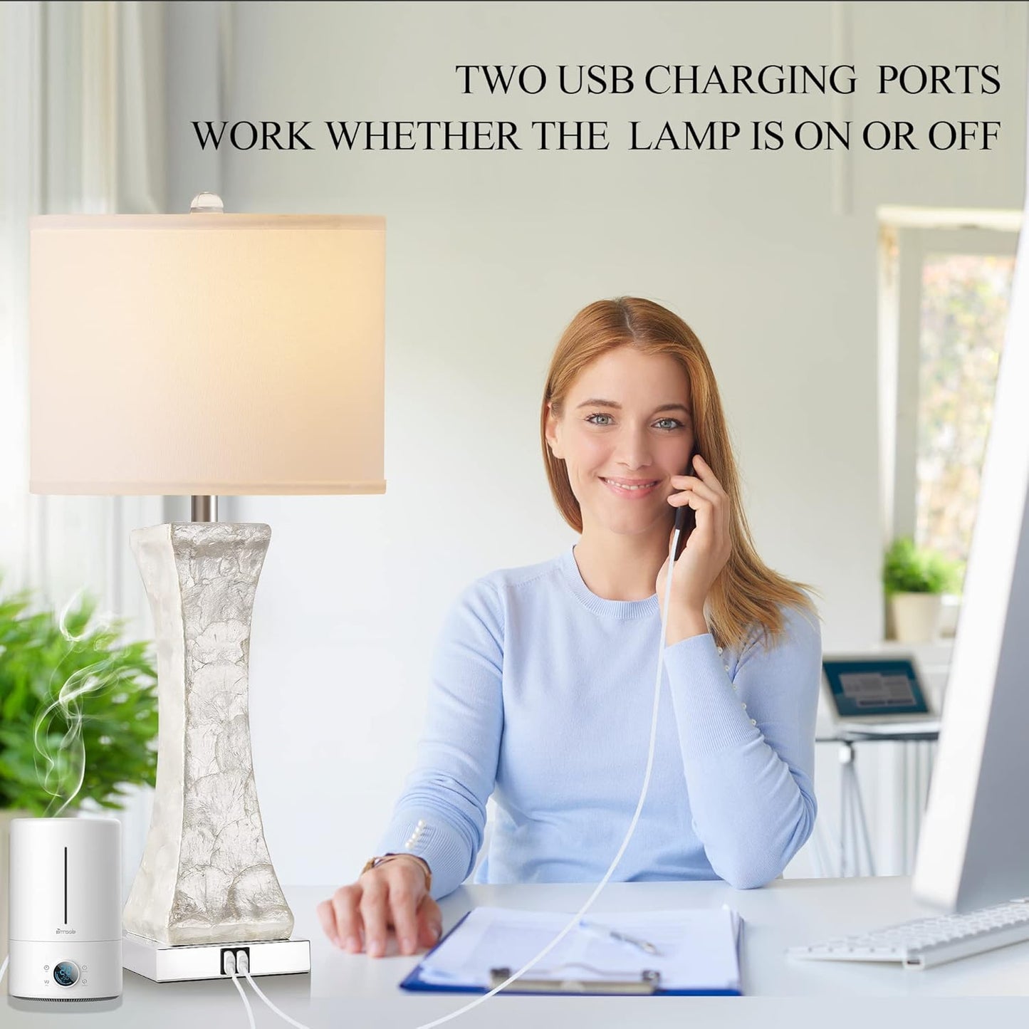 ROTTOGOON Touch Control Table Lamp, Dual USB Ports Bedside Lamp, 3 Way Dimmable Nightstand Lamp with White & Gray Fabric Shades, an AC Outlet, for Living Room, Bedroom, Guest Room(Bulb Included)