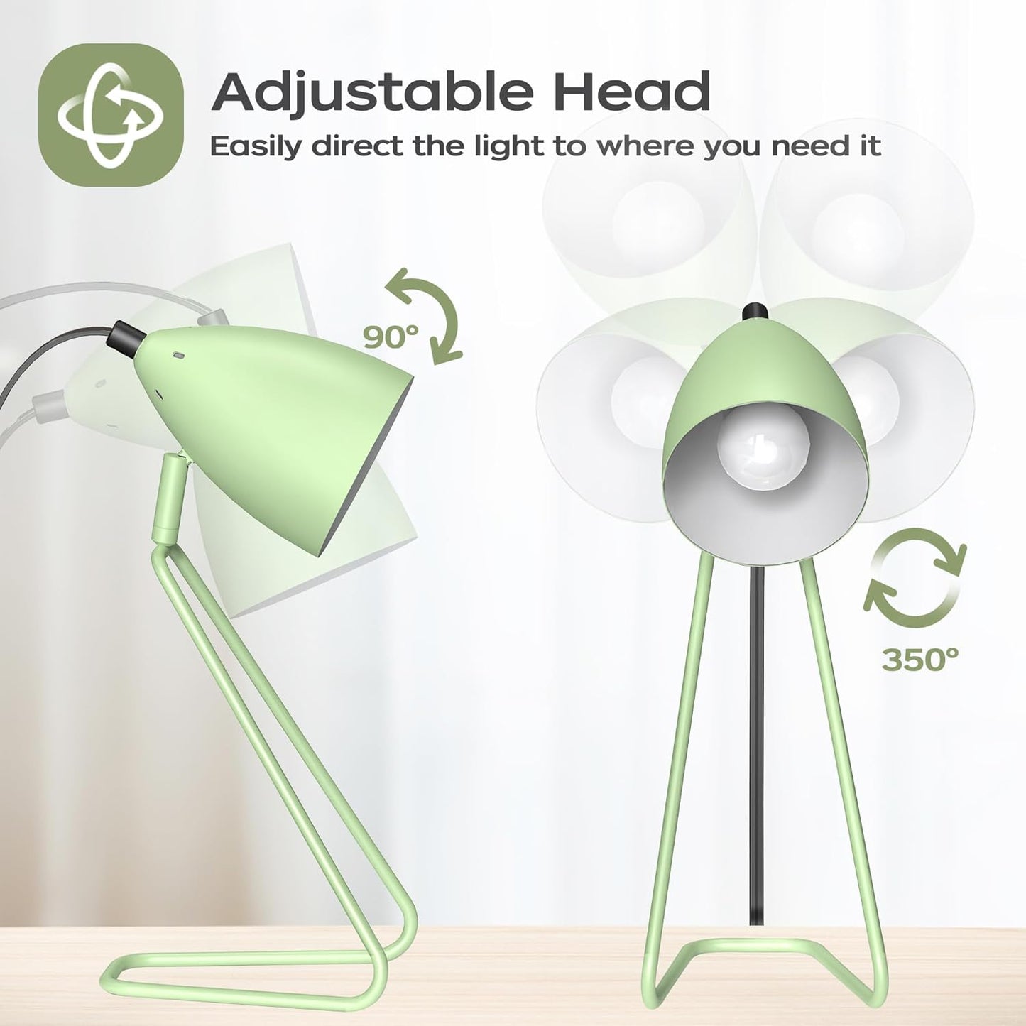 ROTTOGOON Table Lamp Set of 2, 350°Rotatable Small Desk Lamp, Modern Green Reading Bedside Lamps, Suitable for Study, Bedroom, Office, Dorm, Children's Room, 2 Bulbs Included