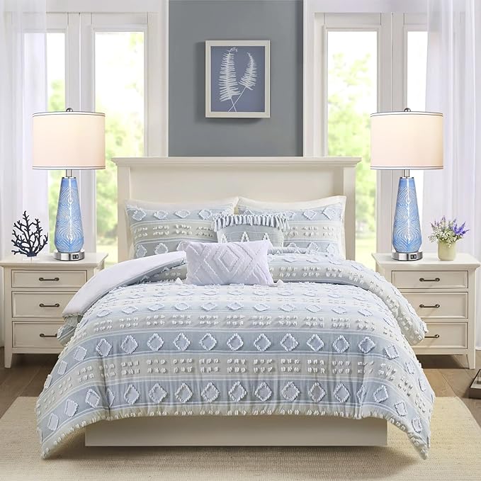 ROTTOGOON Modern Table Lamp Set of 2 Touch Control, 27" Tall Blue Art Ceramic Bedside Lamp with USB Ports, 3-Way Dimmable Hand Crafted Nightstand Lamps with White Shade for Living Room Bedroom Office