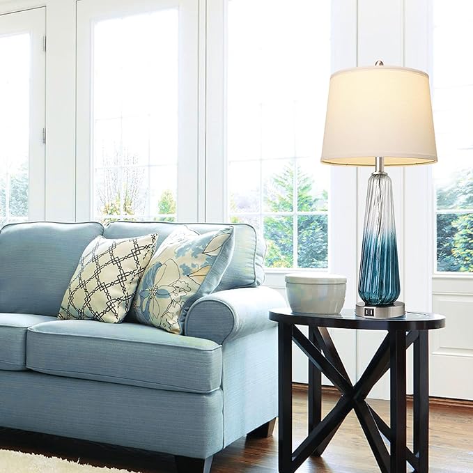 ROTTOGOON Table Lamps Set of 2 with Touch Control, Modern Glass Bedside Lamps with USB A+C Ports, 3-Way Dimmable Nightstand Lamp with White Fabric Shade, 27.5" Large Lamps for Living Room Bedrooms Decorations