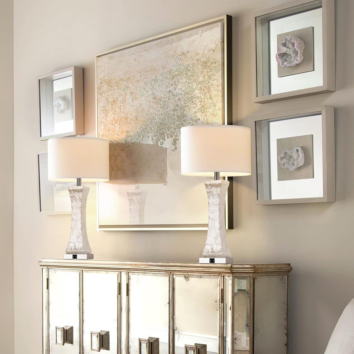 ROTTOGOON Touch Control Table Lamp, Dual USB Ports Bedside Lamp, 3 Way Dimmable Nightstand Lamp with White & Gray Fabric Shades, an AC Outlet, for Living Room, Bedroom, Guest Room(Bulb Included)