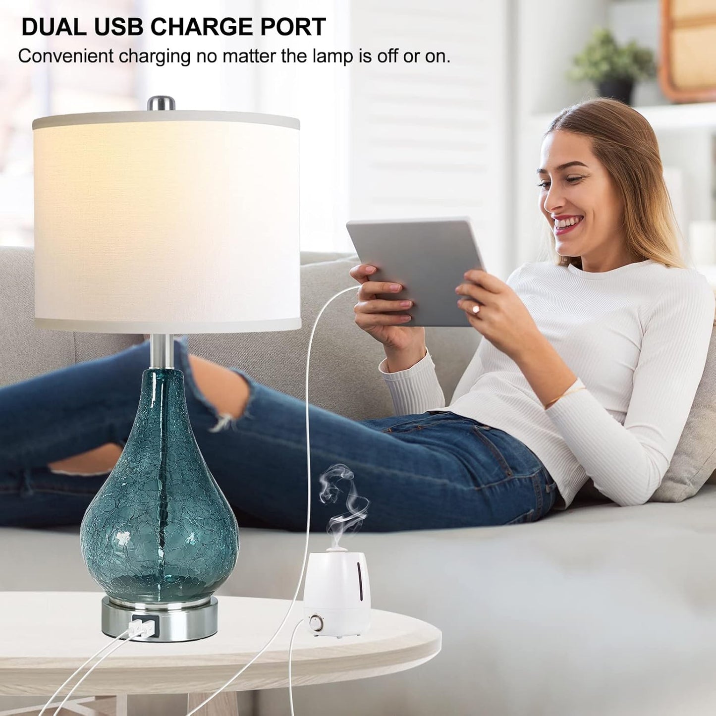ROTTOGOON Glass Table Lamp for Living Room Bedroom Set of 2, 22.5" LED Light with Touch Control, Blue 3 Way Dimmable Modern Bedside Lamps for Home Decor with White Fabric Shade