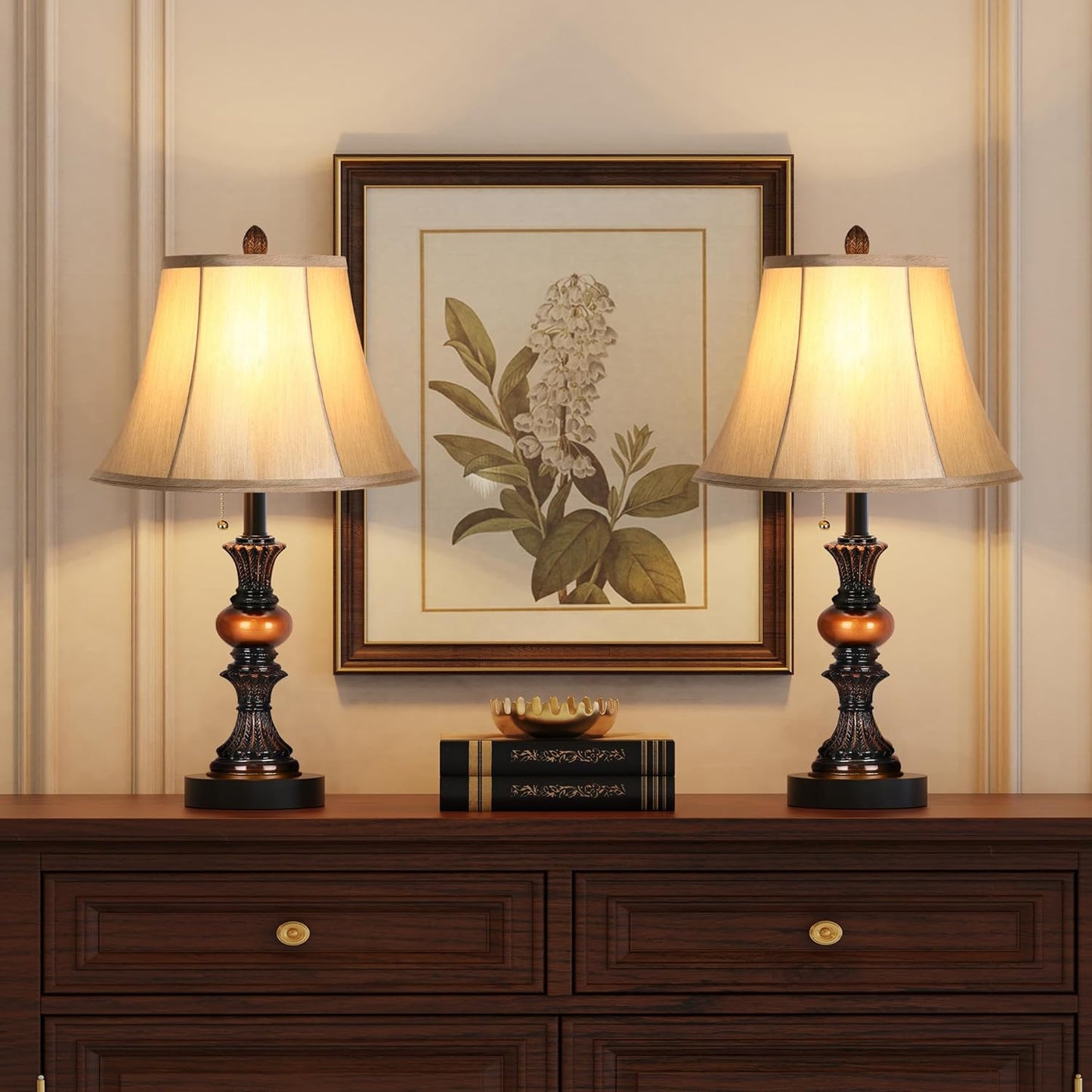 22“ Traditional Table Lamp Set of 2, Vintage Bedside Lamps with Dual USB Charging Ports, 3-Way Dimmable Desk Lamps with Bell Shape Faux Silk Shade for Living Room, Bedroom