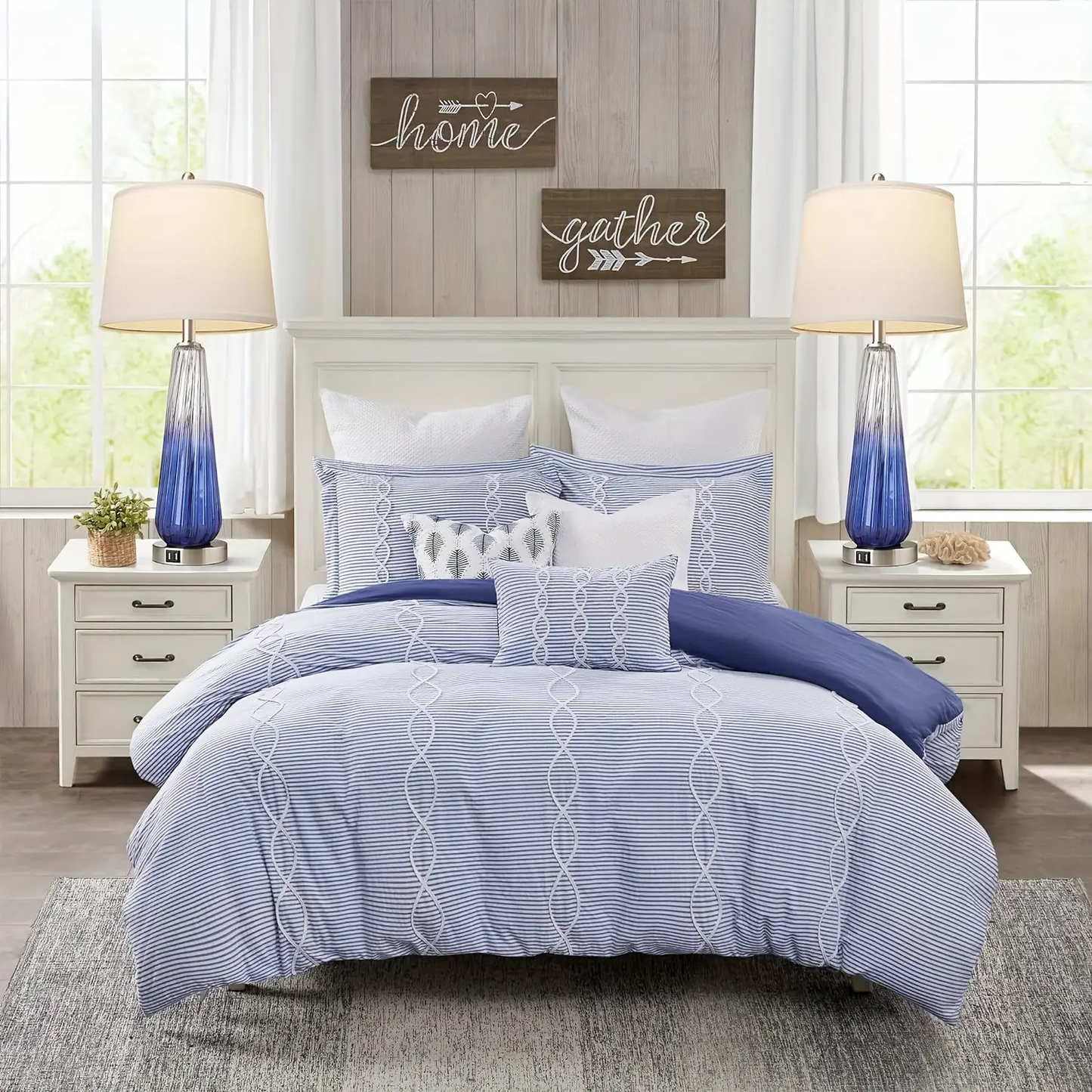 ROTTOGOON 27.5" Glass Table Lamps for Living Room with USB A+C Ports, Dimmable Touch Control Nightstand Lamp, Bedrooms Decor, Blue, 2 Pack