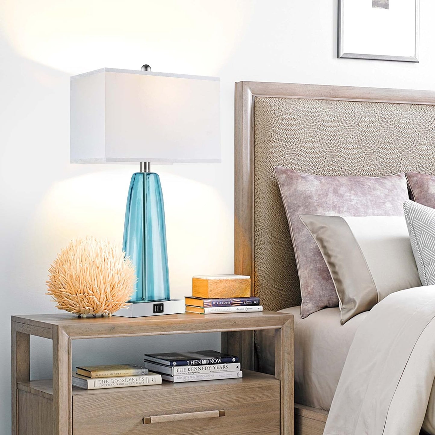 ROTTOGOON Table Lamp Set of 2 Touch Control, Contemporary Blue Green Glass Bedside Lamp with 2 USB Ports, 3-Way Dimmable Nightstand Lamps with White Fabric Shade for Living Room, Bedroom (LED Bulbs Included)