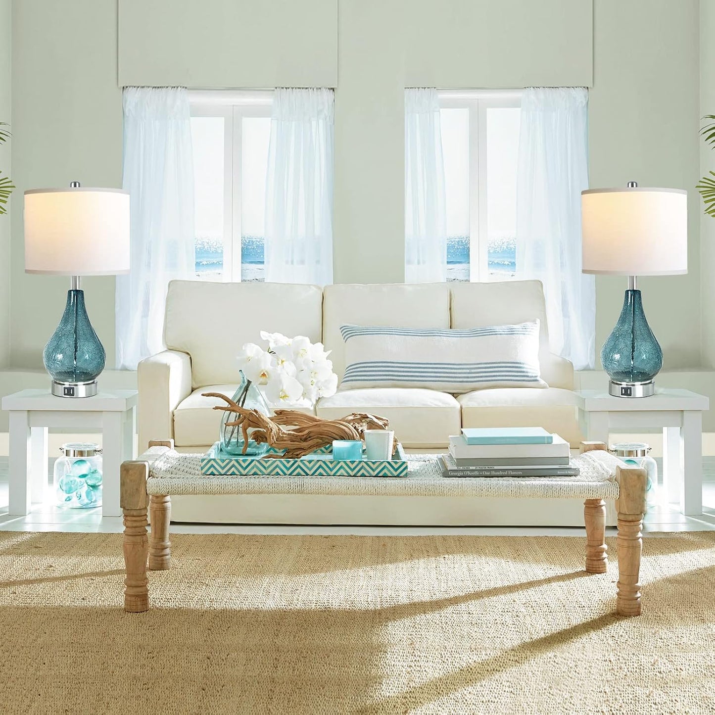 ROTTOGOON Glass Table Lamp for Living Room Bedroom Set of 2, 22.5" LED Light with Touch Control, Blue 3 Way Dimmable Modern Bedside Lamps for Home Decor with White Fabric Shade