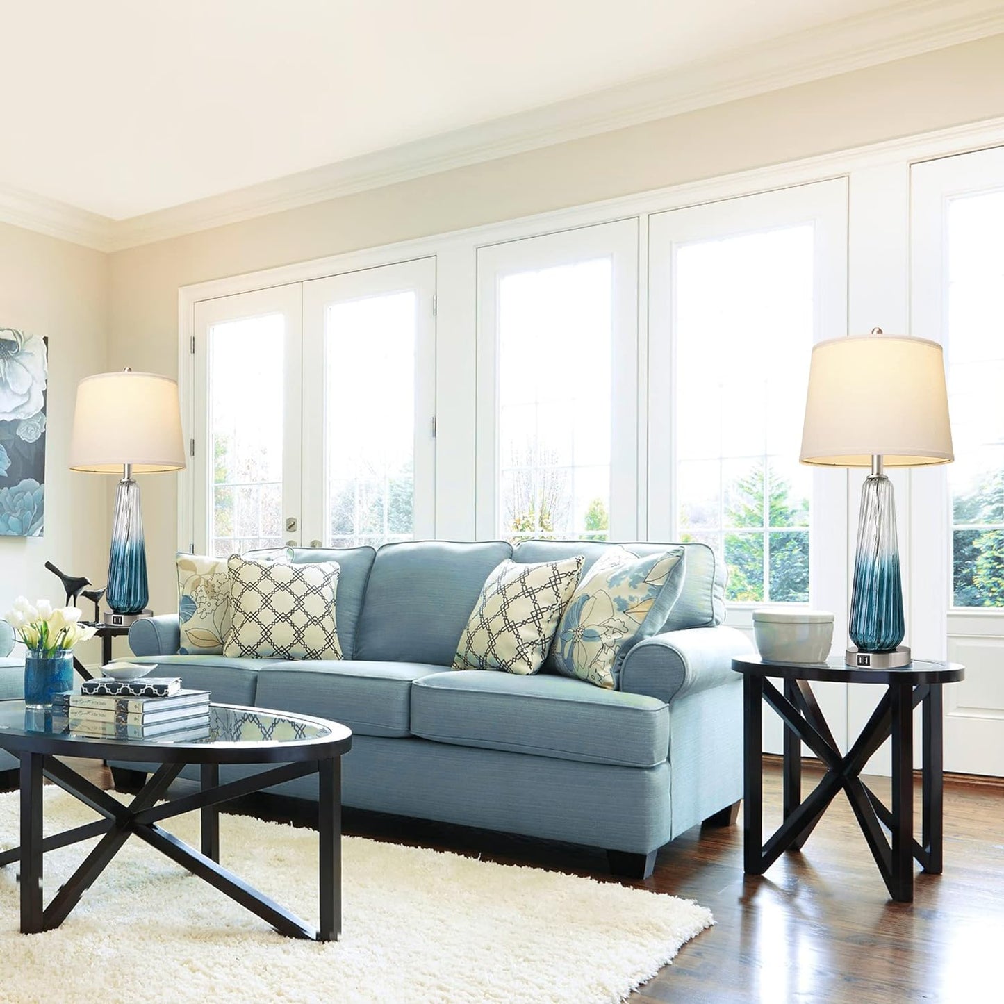 ROTTOGOON Table Lamps Set of 2 with Touch Control, Modern Glass Bedside Lamps with USB A+C Ports, 3-Way Dimmable Nightstand Lamp with White Fabric Shade, 27.5" Large Lamps for Living Room Bedrooms Decorations