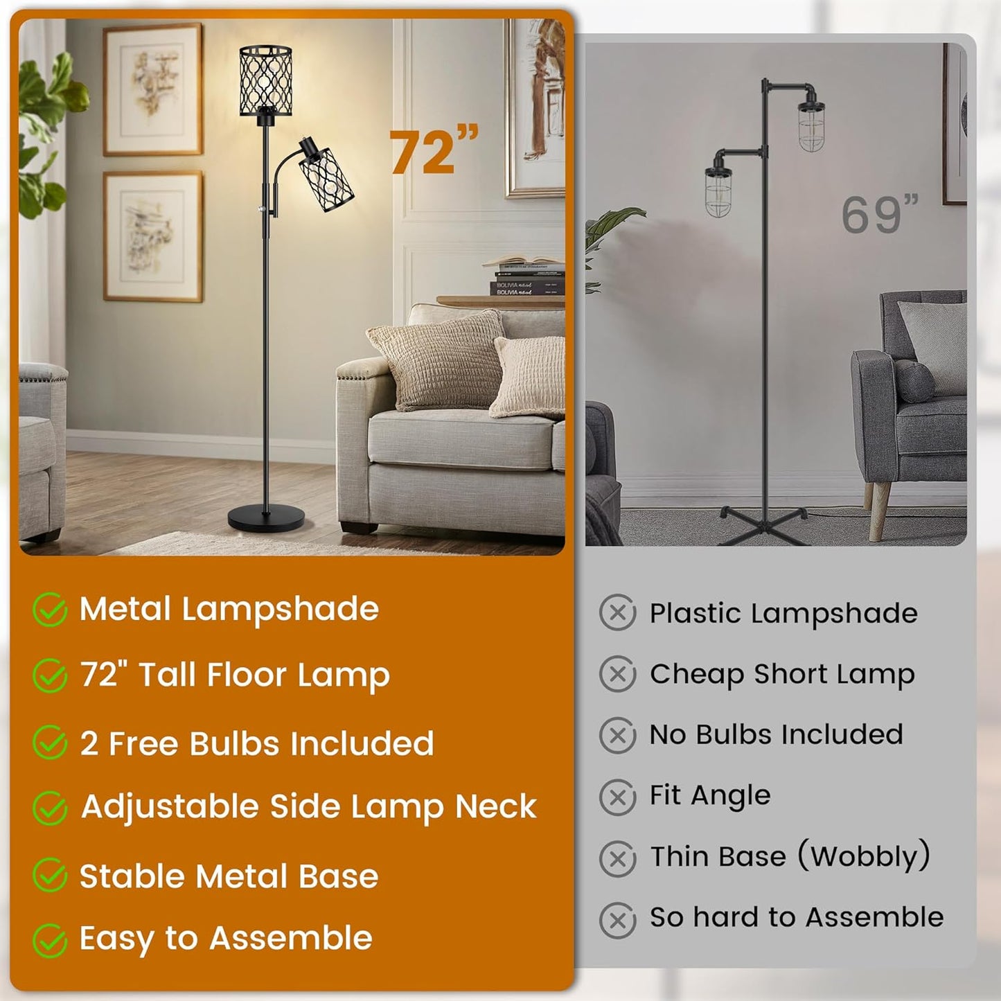 ROTTOGOON Dimmable Farmhouse Floor Lamp, Industrial Floor Lamp for Living Room with 3 X 6W LED Bulbs, 3 Light Rustic Standing Tall Lamp for Bedroom, Office, 68"