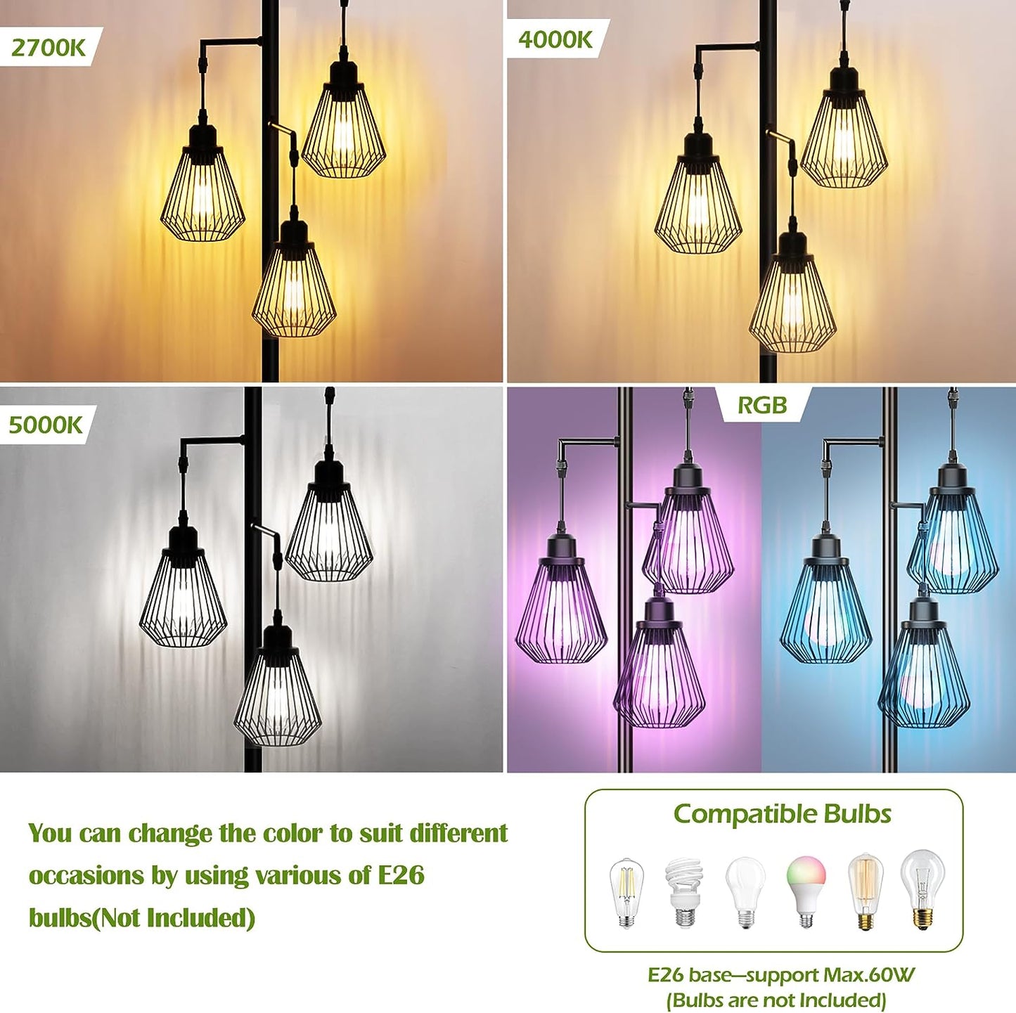 ROTTOGOON Industrial Floor Lamps for Living Room, Farmhouse Standing Lamp with 3 Hanging Teardrop Cage Shades, 68" Modern Rustic Tree Tall Lamps with Pedal Switch for Bedroom Office Home Light Decor, Black