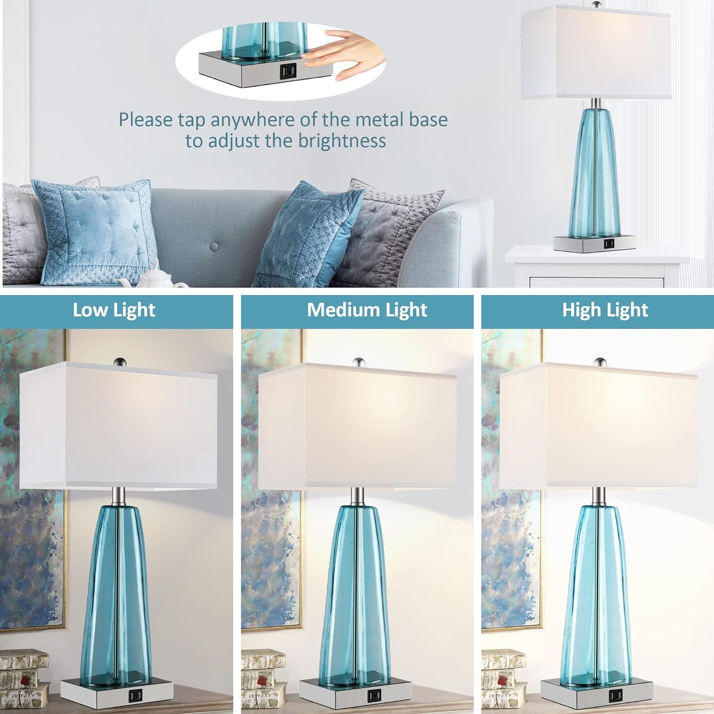 ROTTOGOON Table Lamp Set of 2 Touch Control, Contemporary Blue Green Glass Bedside Lamp with 2 USB Ports, 3-Way Dimmable Nightstand Lamps with White Fabric Shade for Living Room, Bedroom (LED Bulbs Included)