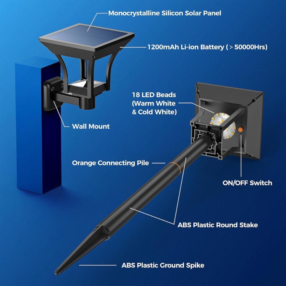ROTTOGOON 4 Pack 2-in-1 Solar LED Pathway Lights Outdoor 4 Lighting Modes, IP65 Waterproof Solar Powered Wall Lights, Warm & Cold White