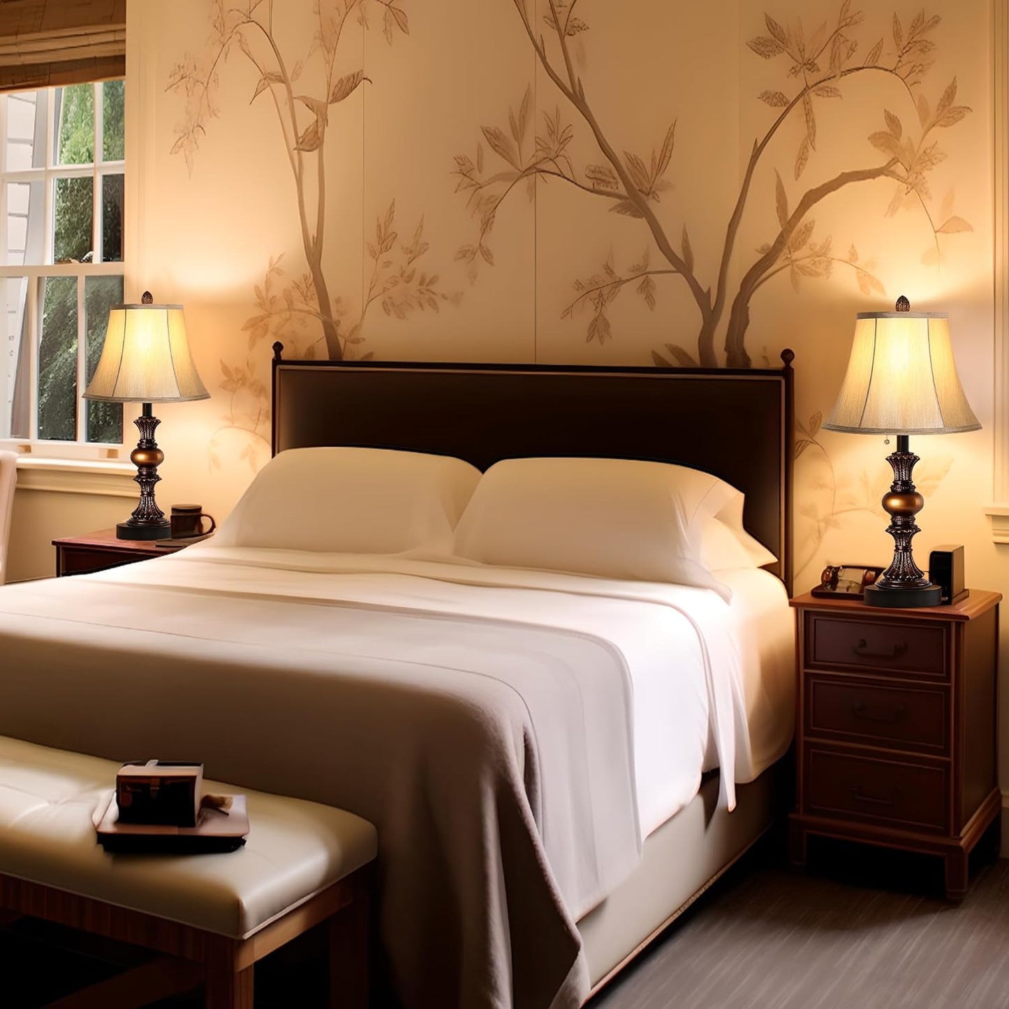 22“ Traditional Table Lamp Set of 2, Vintage Bedside Lamps with Dual USB Charging Ports, 3-Way Dimmable Desk Lamps with Bell Shape Faux Silk Shade for Living Room, Bedroom