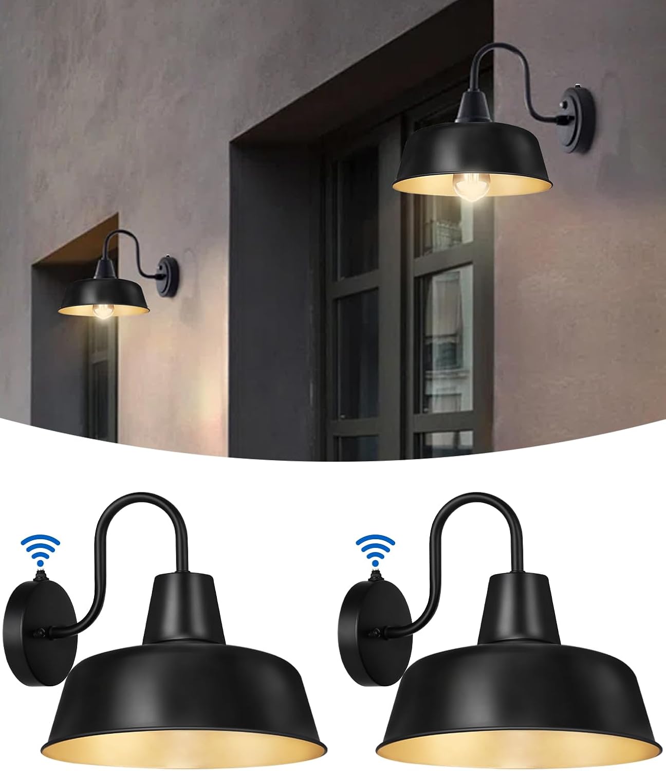 ROTTOGOON 2 Pack Dusk to Dawn Outdoor LED Wall Sconce Lights, Vintage Matte Black & Gold Gooseneck Barn Light, Anti-Rust Waterproof Exterior Lighting