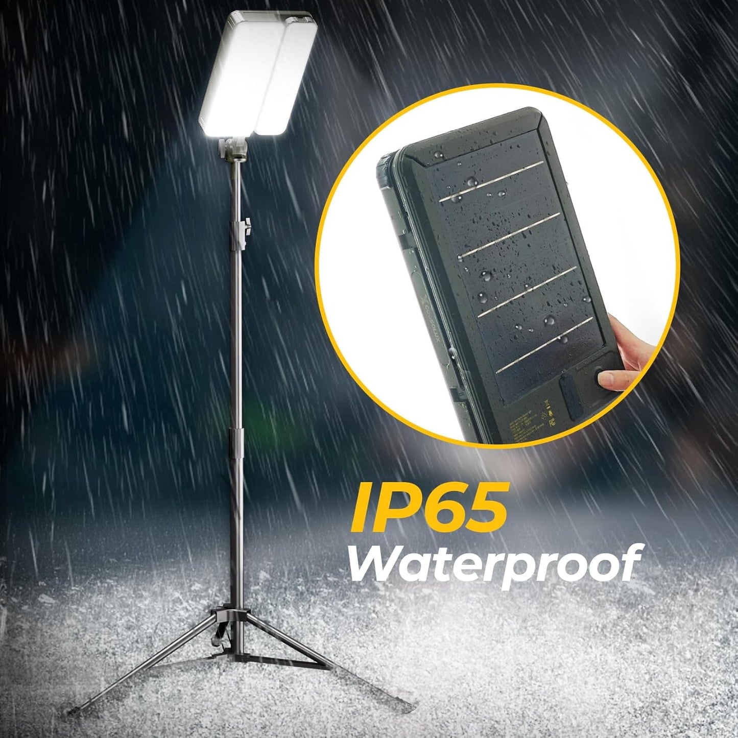 ROTTOGOON 1 Pack Outdoor Solar Camping Lights, LED Work Light with 2 Lighting Heads, IP65 Waterproof Cordless Solar Powered & USB-C Stand Floor Light with Iron Telescoping Tripod