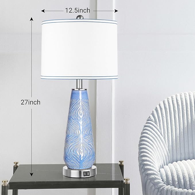 ROTTOGOON Modern Table Lamp Set of 2 Touch Control, 27" Tall Blue Art Ceramic Bedside Lamp with USB Ports, 3-Way Dimmable Hand Crafted Nightstand Lamps with White Shade for Living Room Bedroom Office