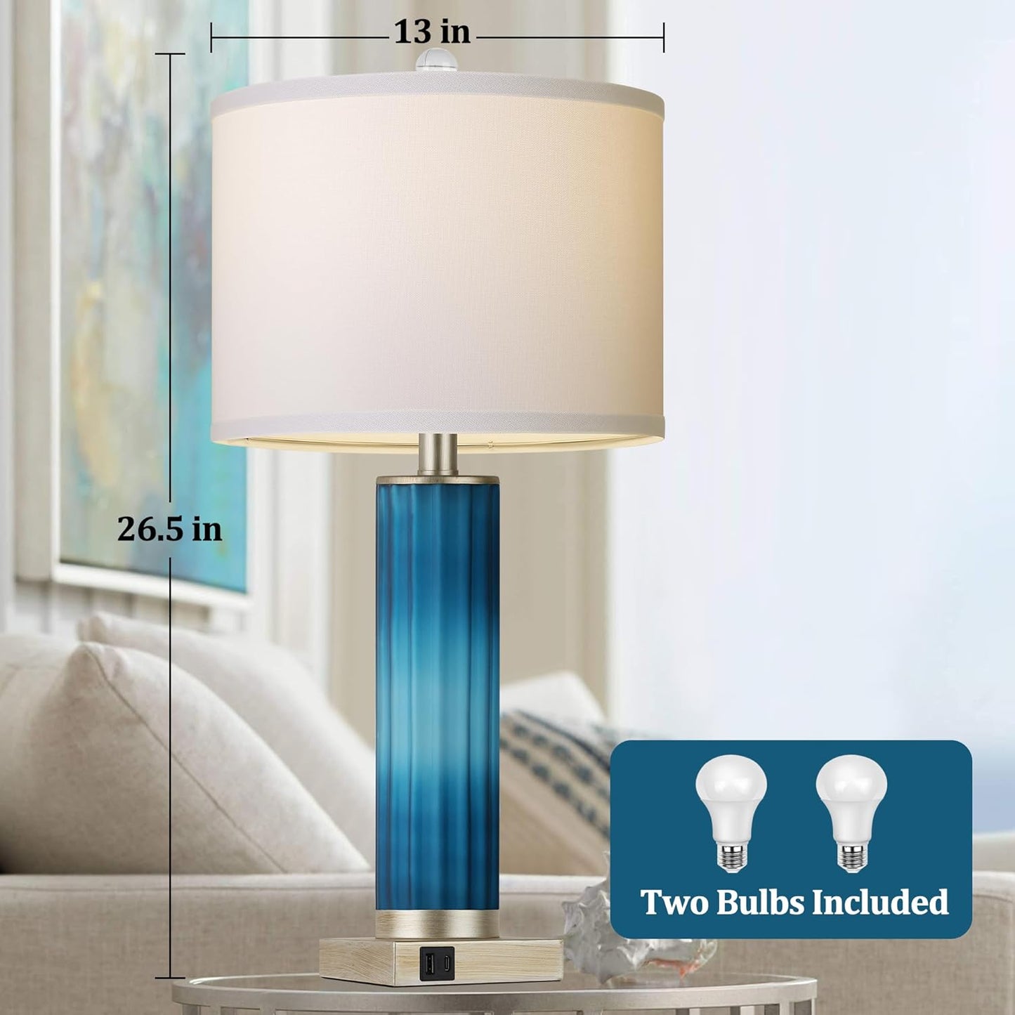 ROTTOGOON Set of 2 Table Lamps for Living Room, Blue Glass Bedroom Lamp for Bedside with USB C+A Charging Ports, Modern Art Deco Nightstand Lamp for End Table Home Decor (LED Bulb Included)