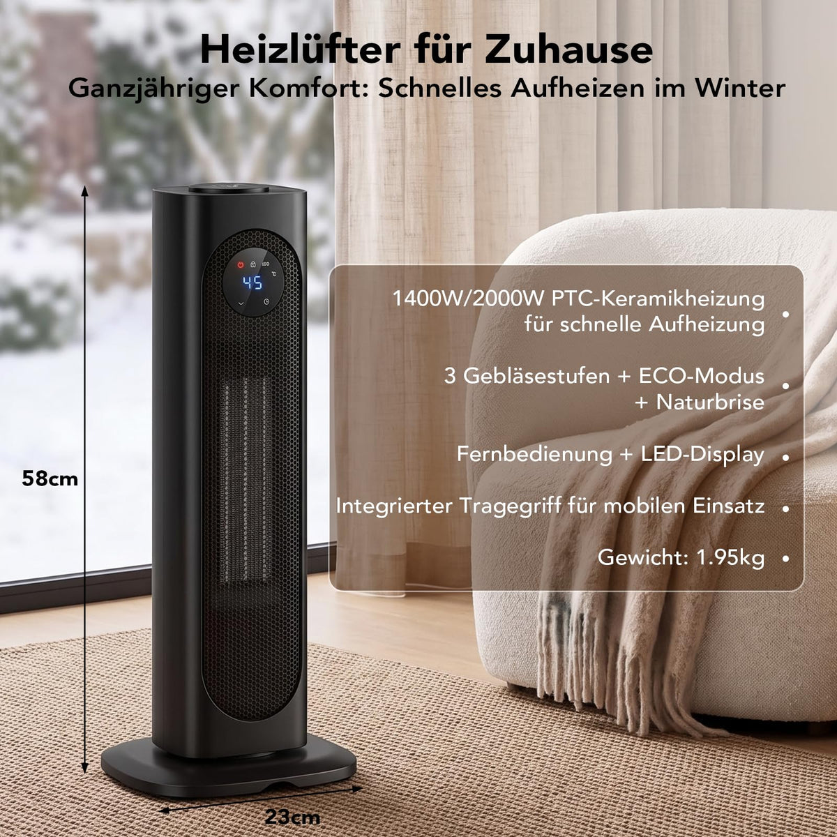 ROTTOGOON Heizlüfter Energiesparend, Leiser 2000W PTC Keramik Heizlüfter