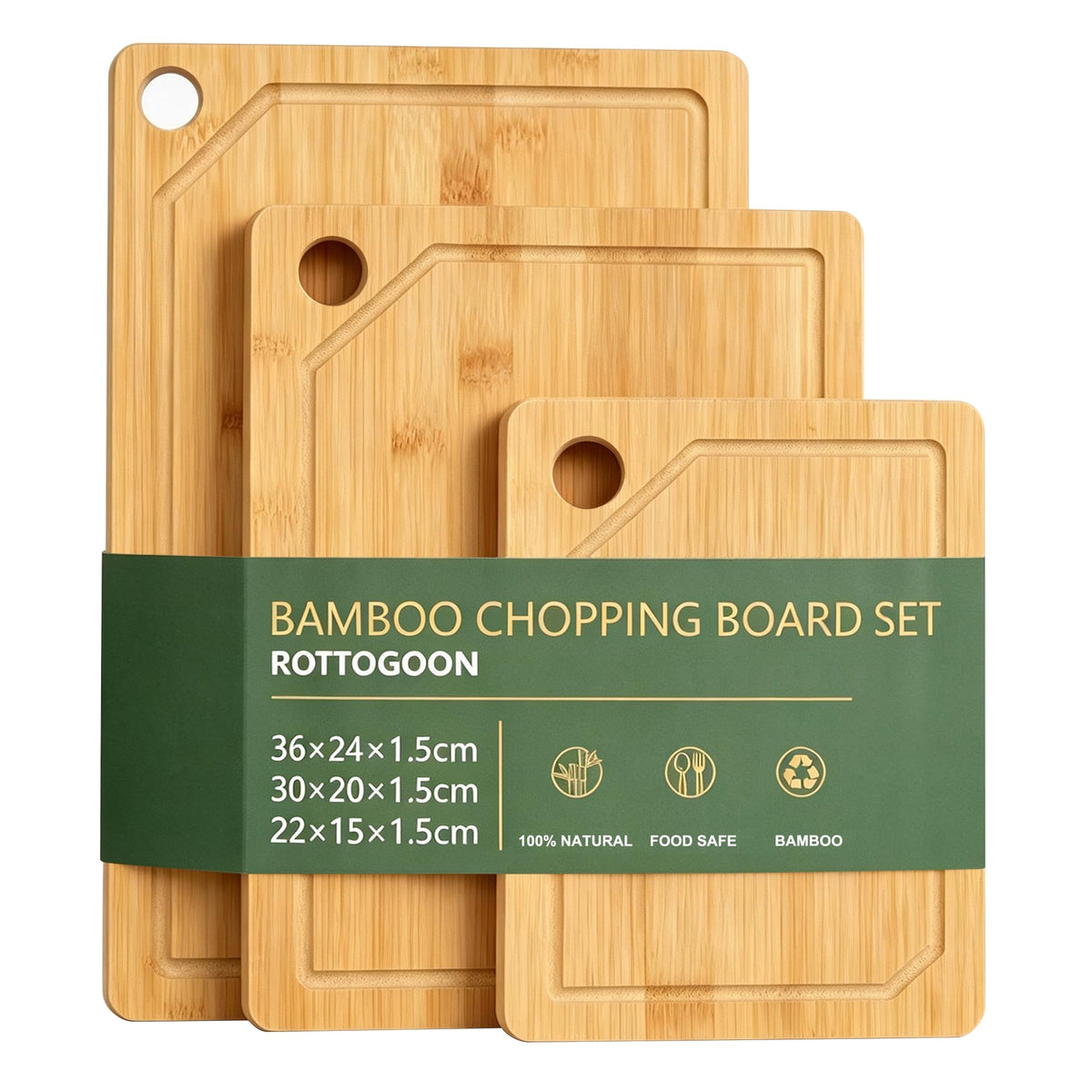 ROTTOGOON Schneidebrett Bambus 3er Set (36x24cm / 30x20cm / 22x15cm)