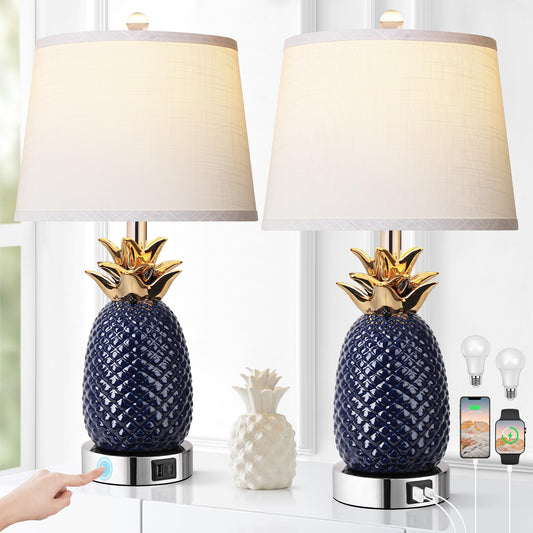 ROTTOGOON 22" Pineapple Table Lamps Set of 2, 3 way Dimmable Ceramic Table Lamp with USB Port, Tall Coastal Table Lamps for Bedroom, Home Office