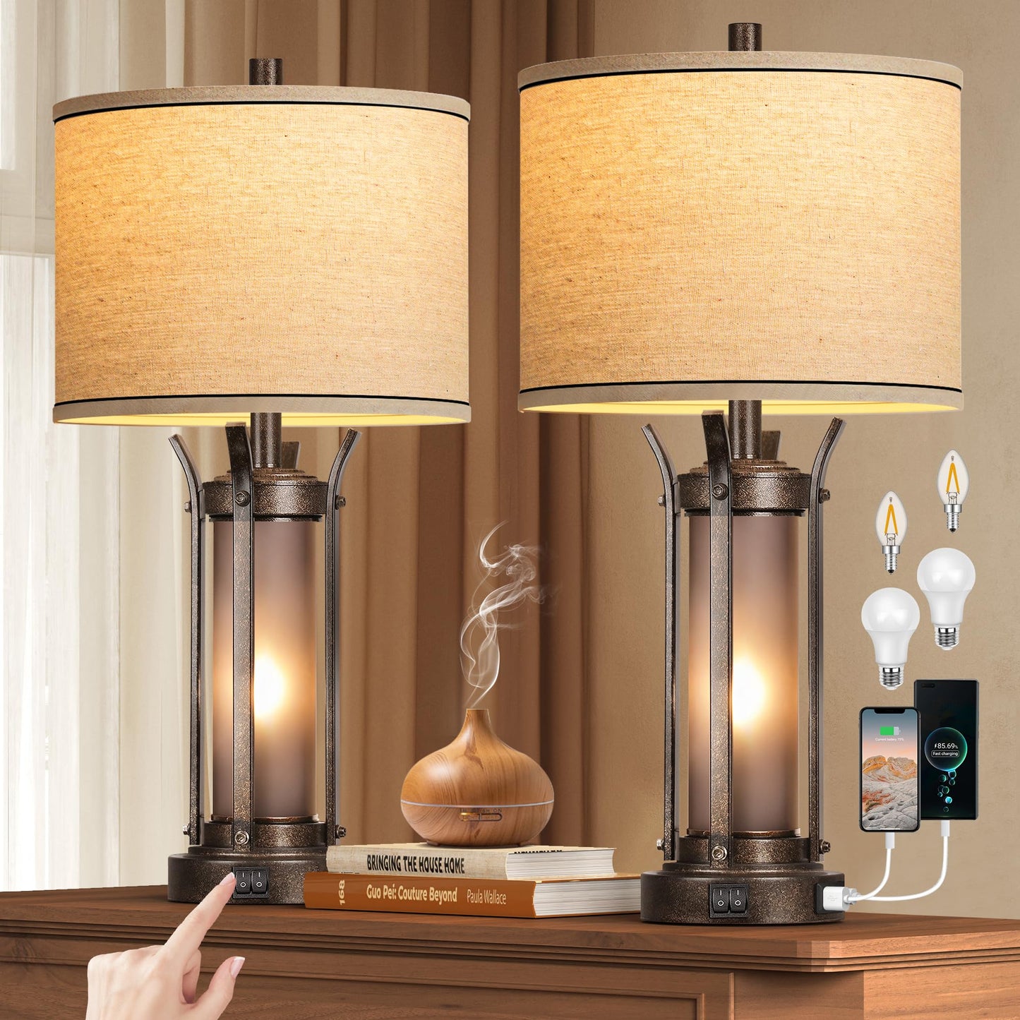ROTTOGOON Farmhouse Table Lamps with USB A+C Charging Ports, Frosted Glass Lamp for Bedroom Living Room Entryway, Bulbs Included, Bronze