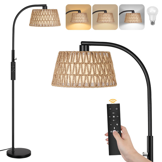 ROTTOGOON Bogen Rattan Stehlampe für Wohnzimmer 3 Farbtemperaturen Dimmbare 9W LED mit Fernbedienung Boho Landhausstil Stehleuchte für Schlafzimmer Büro Schwarz [Energieklasse F]