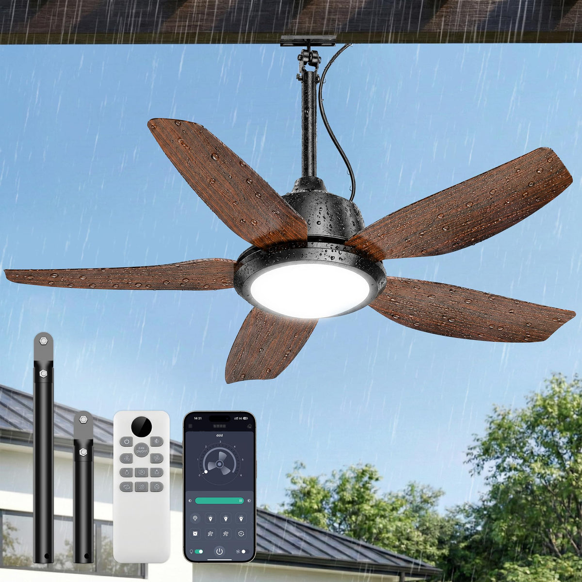 ROTTOGOON Outdoor Deckenventilator mit Beleuchtung 106cm, IP65, 5 Flüge [Energieklasse E]