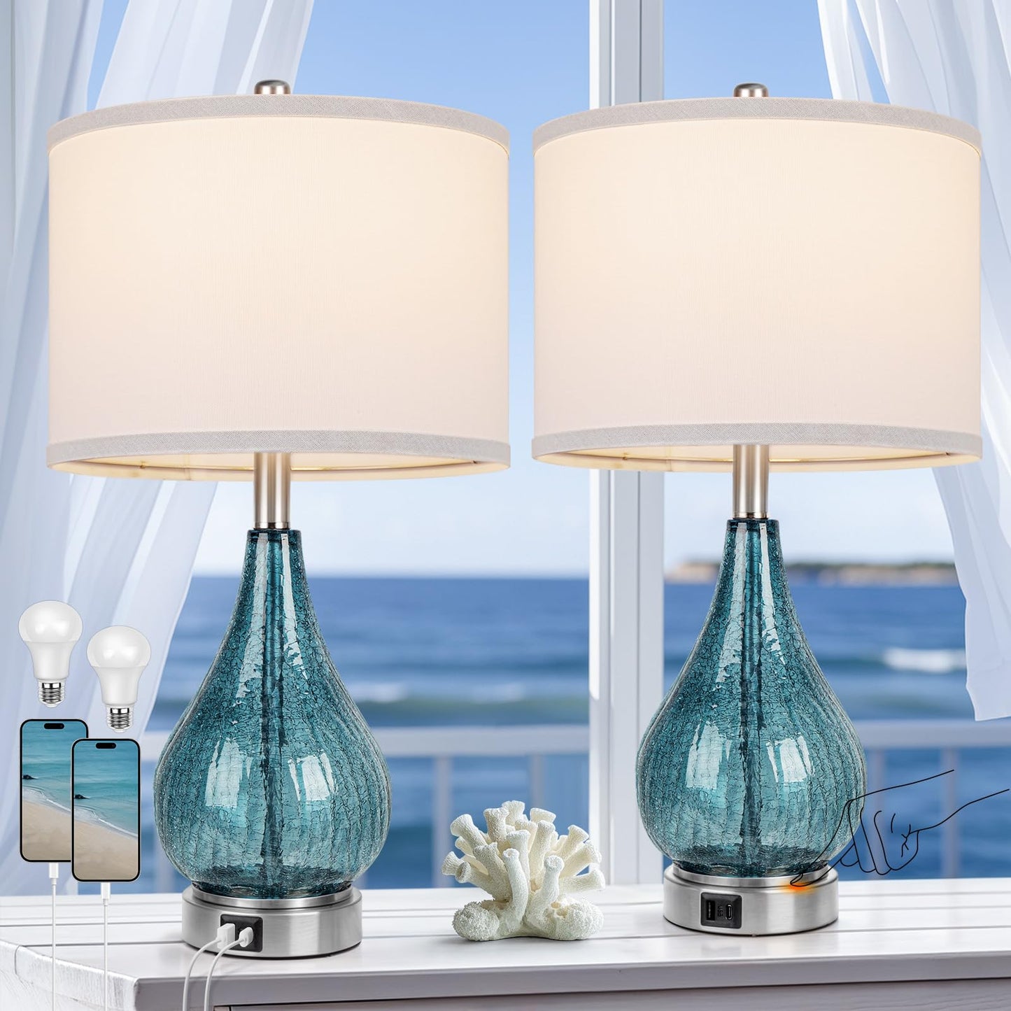 ROTTOGOON Glass Table Lamp for Living Room Bedroom Set of 2, Dimmable Modern Bedside Lamps for Home Decor with White Fabric Shade