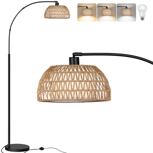 ROTTOGOON Bogen Rattan Stehlampe für Wohnzimmer 3 Farbtemperaturen Dimmbare 9W LED mit Fußschalter Boho Landhausstil Stehleuchte für Schlafzimmer Büro inkl. Birne Schwarz [Energieklasse F] Marke: ROTTOGOON