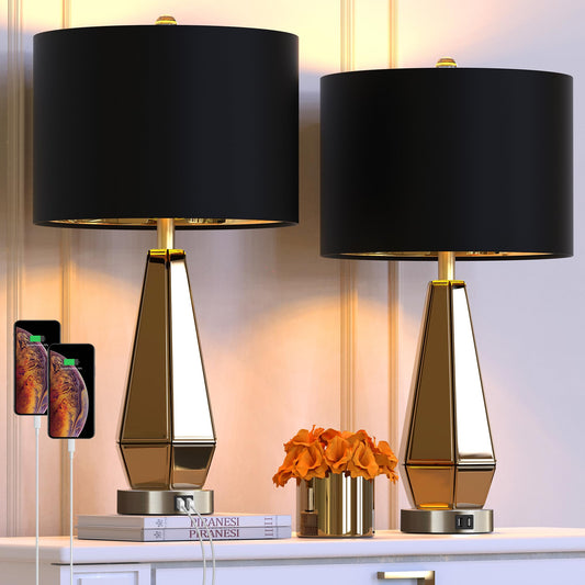 ROTTOGOON Set of 2 Mirrored Glass Bedside Table Lamps with 2 USB Ports for Bedrooms Modern Nightstand Lamps with Gold Black Fabric Shade