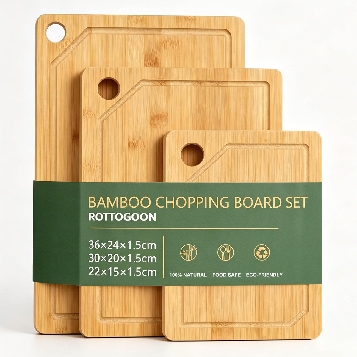 Rottogoon 3 Piece Bamboo Chopping Board Set- Large, Medium, & Small Sizes