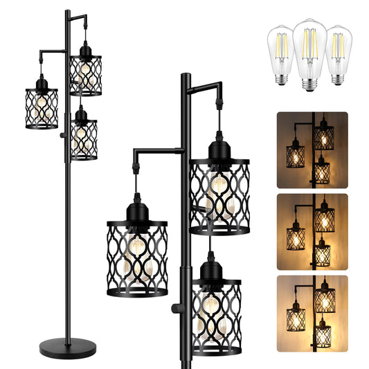 ROTTOGOON dimmbare 3-flammige Landhaus-Standleuchte 172cm - Industrielle Stehlampe mit 3x6W LED für Wohnzimmer, Schlafzimmer & Büro - Rustikale Stehleuchte, Schwarz [Energieklasse F]