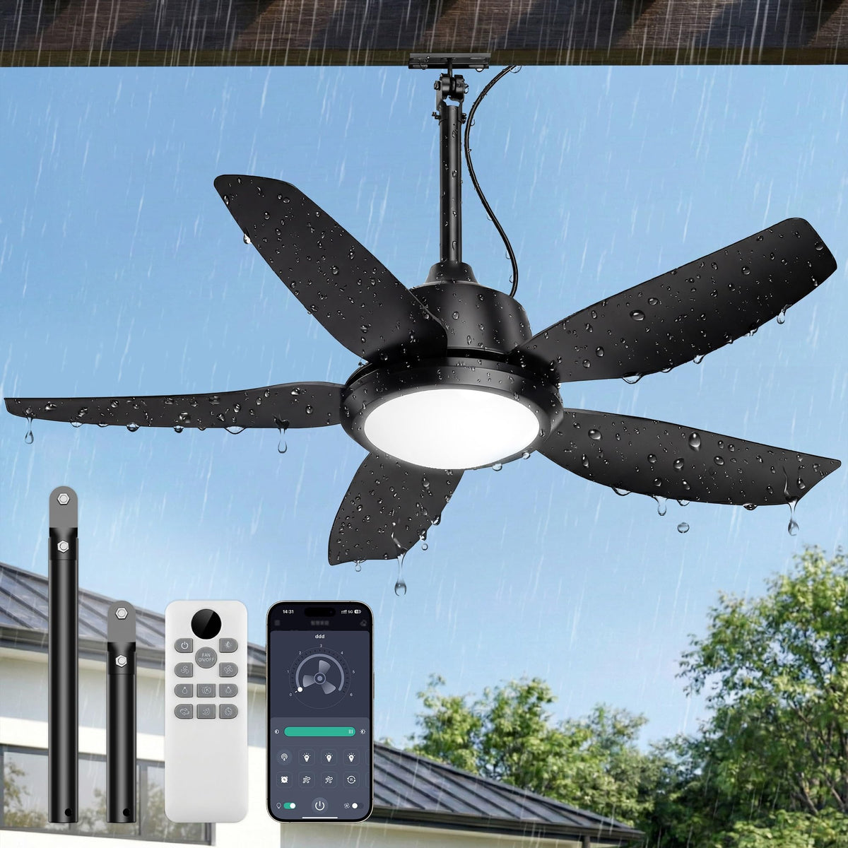 ROTTOGOON 106cm Deckenventilator mit Beleuchtung und Fernbedienung, IP65 [Energieklasse E]