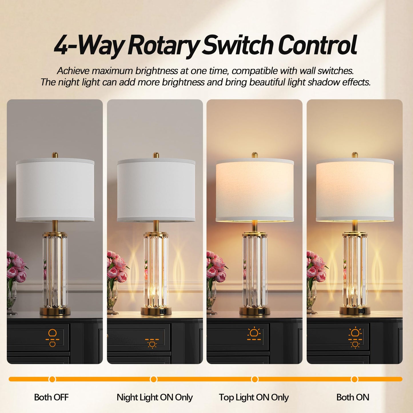 ROTTOGOON Gold Table Lamps for Bedroom Set of 2 with Nightlight, Modern Bedside Lamp with 2 USB A+C Charging Port, LED Bulbs Included