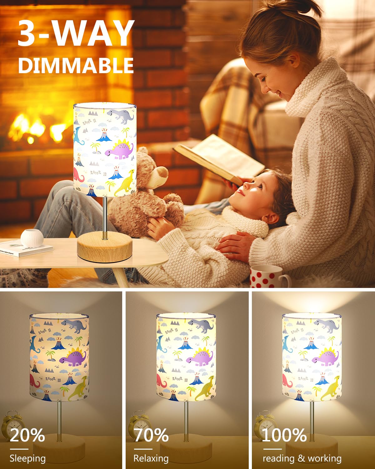 Bedside Table Lamp for Bedroom with Dinosaur Pattern Printed Shade 3-Way Dimmable Small Touch Lamp with Wood Base for Living Room, Desk, Dorm, Home Office (LED Bulb Included)