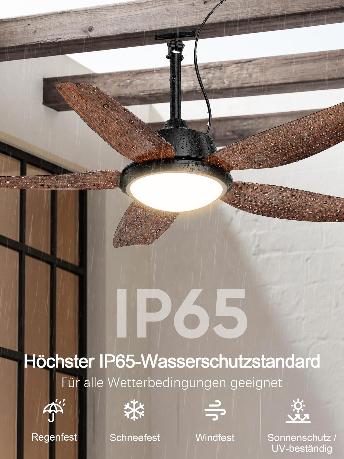 ROTTOGOON Outdoor Deckenventilator mit Beleuchtung 106cm, IP65, 5 Flüge [Energieklasse E]
