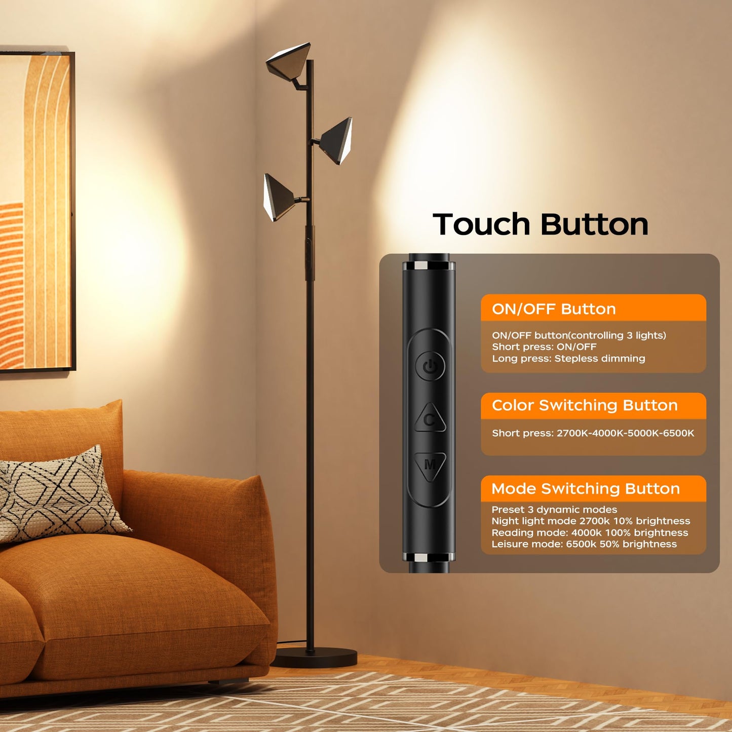 ROTTOGOON LED Tree Floor Lamp, 36W Dimmable Standing Light Touch Control, 2700K-6500K 4CCT Switchable for Study Living Room Bedroom Office