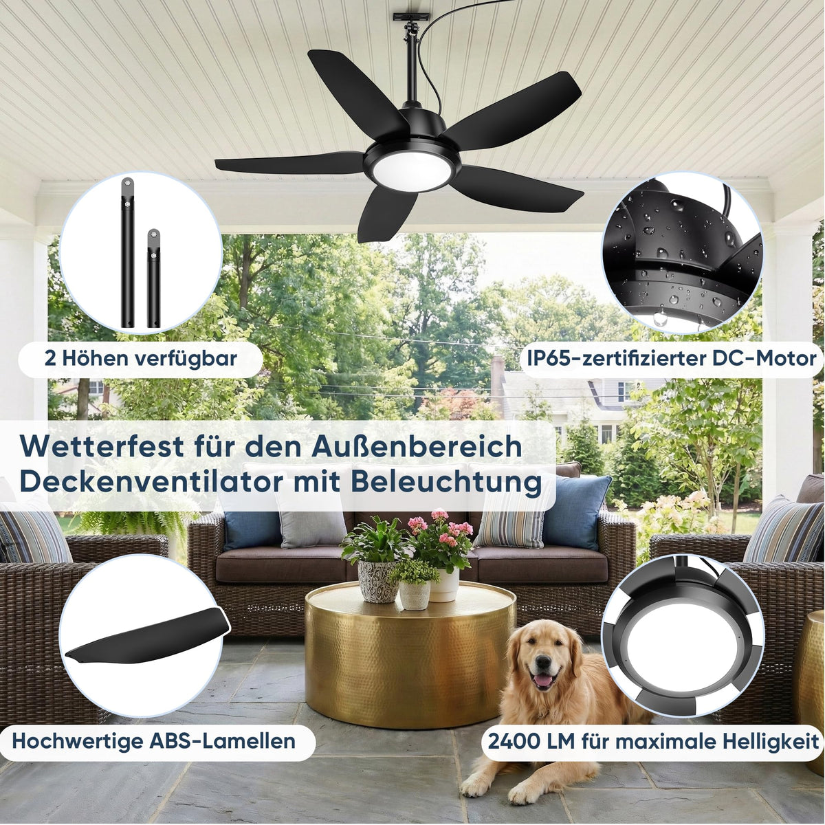 ROTTOGOON 106cm Deckenventilator mit Beleuchtung und Fernbedienung, IP65 [Energieklasse E]
