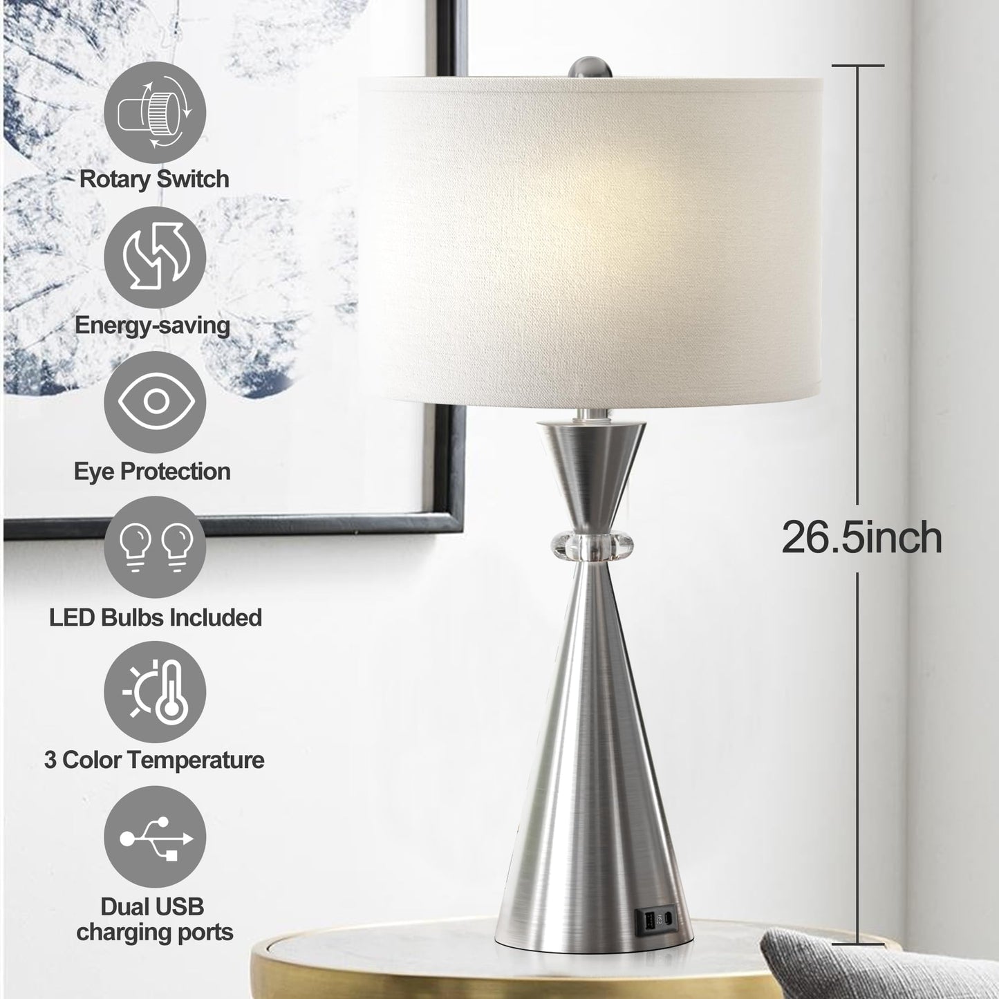 ROTTOGOON Table Lamps Set of 2, 3CCT Dimmable Modern Metal Bedside Lamps with 2 USB Ports, for Living Room Bedrooms Decorations