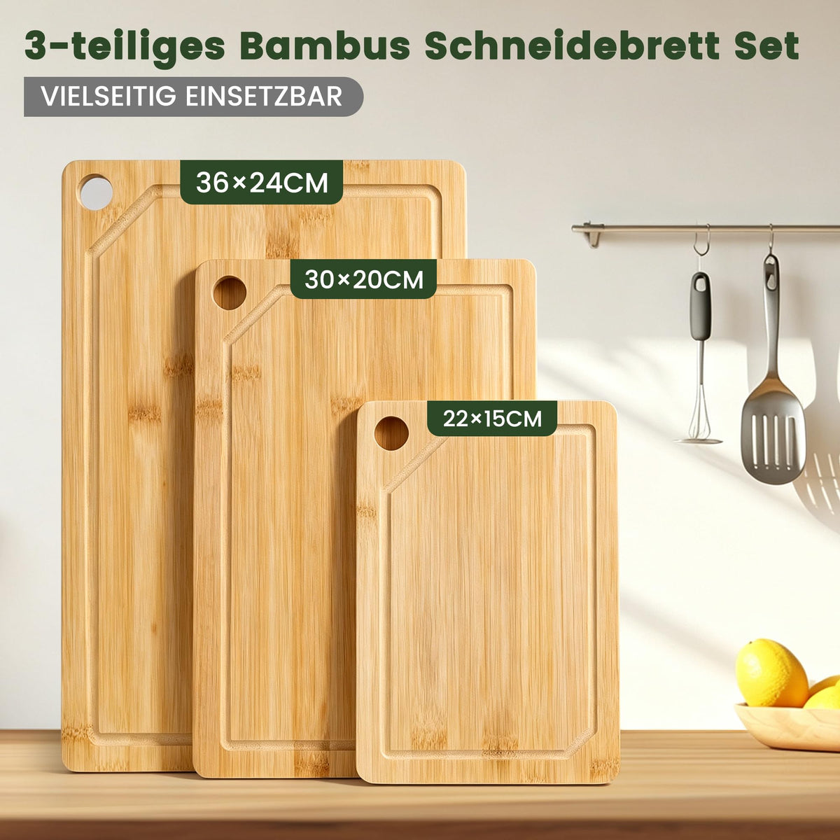 ROTTOGOON Schneidebrett Bambus 3er Set (36x24cm / 30x20cm / 22x15cm)