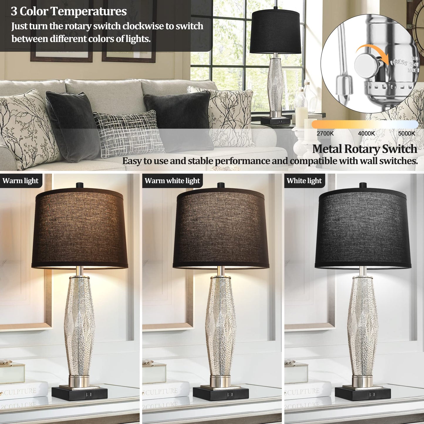 ROTTOGOON Table Lamps Set of 2 with USB Charging Ports & Rotary Switches, Modern Glass Beside Lamps for Living Room Nightstand Home Decor, Black