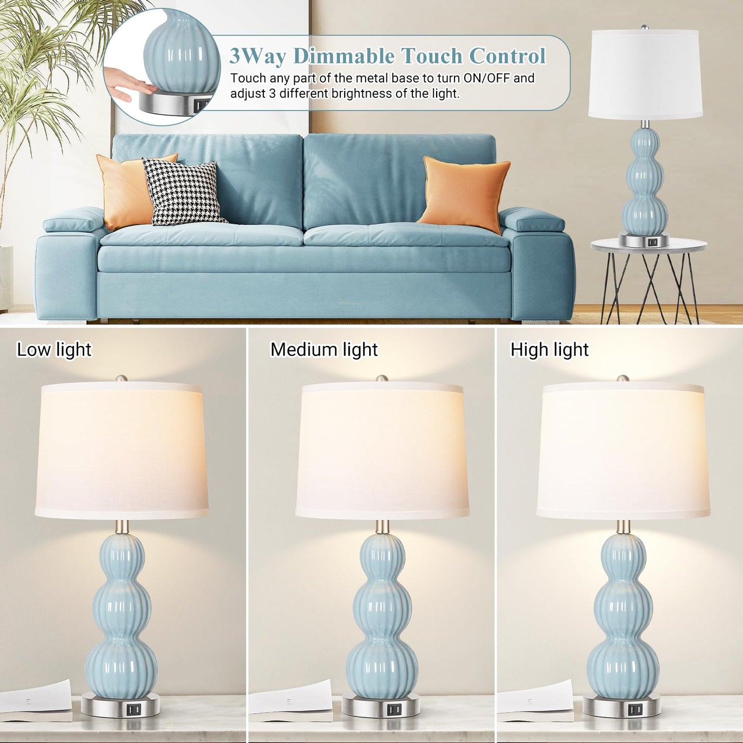 ROTTOGOON Table Lamps for Bedroom Set of 2, 26.5" Bedside Lamps for Living Room with USB Ports Touch Control, Modern Blue Ceramic Nightstand Lamp