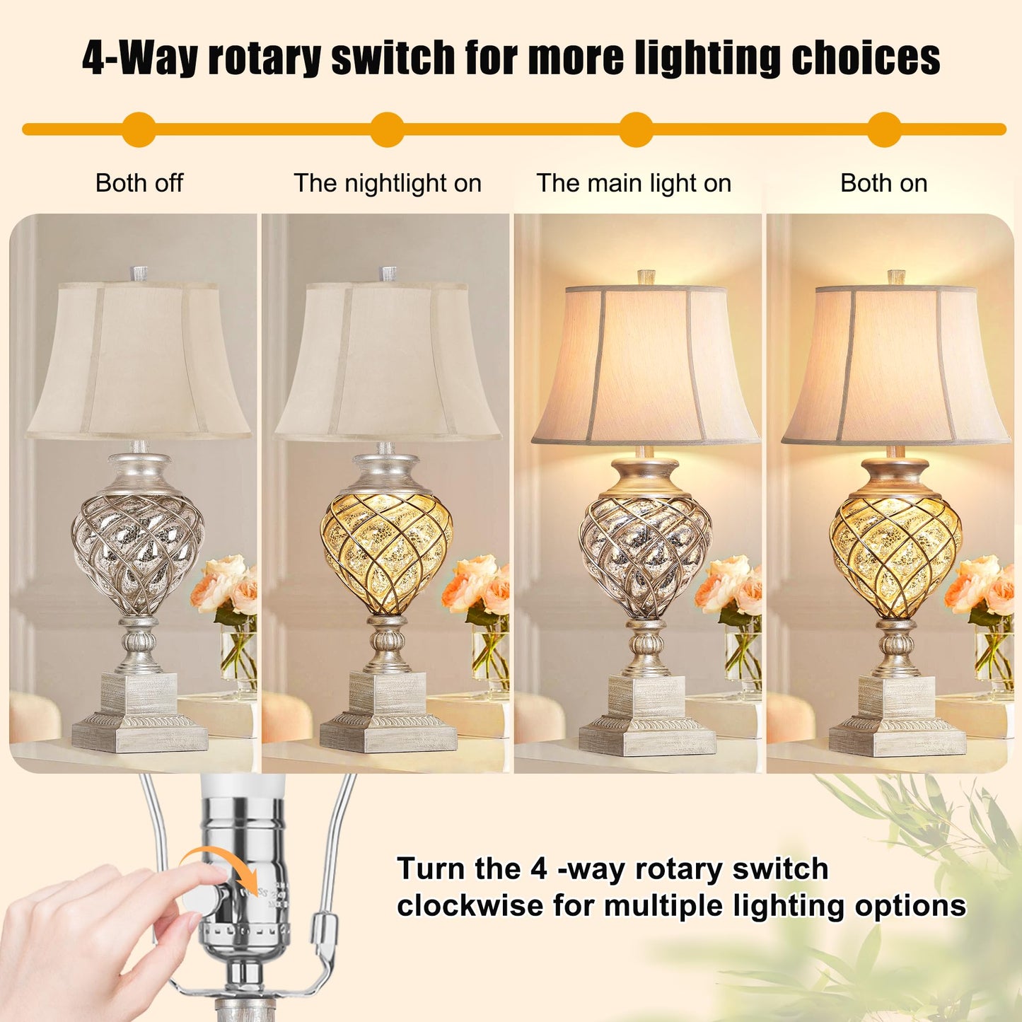 ROTTOGOON 29” Tall Table Lamps Set of 2 for Living Room with Lantern Nightlight,Traditional Bedroom Silver Mercury Glass Lamps for Nightstand, Bedside