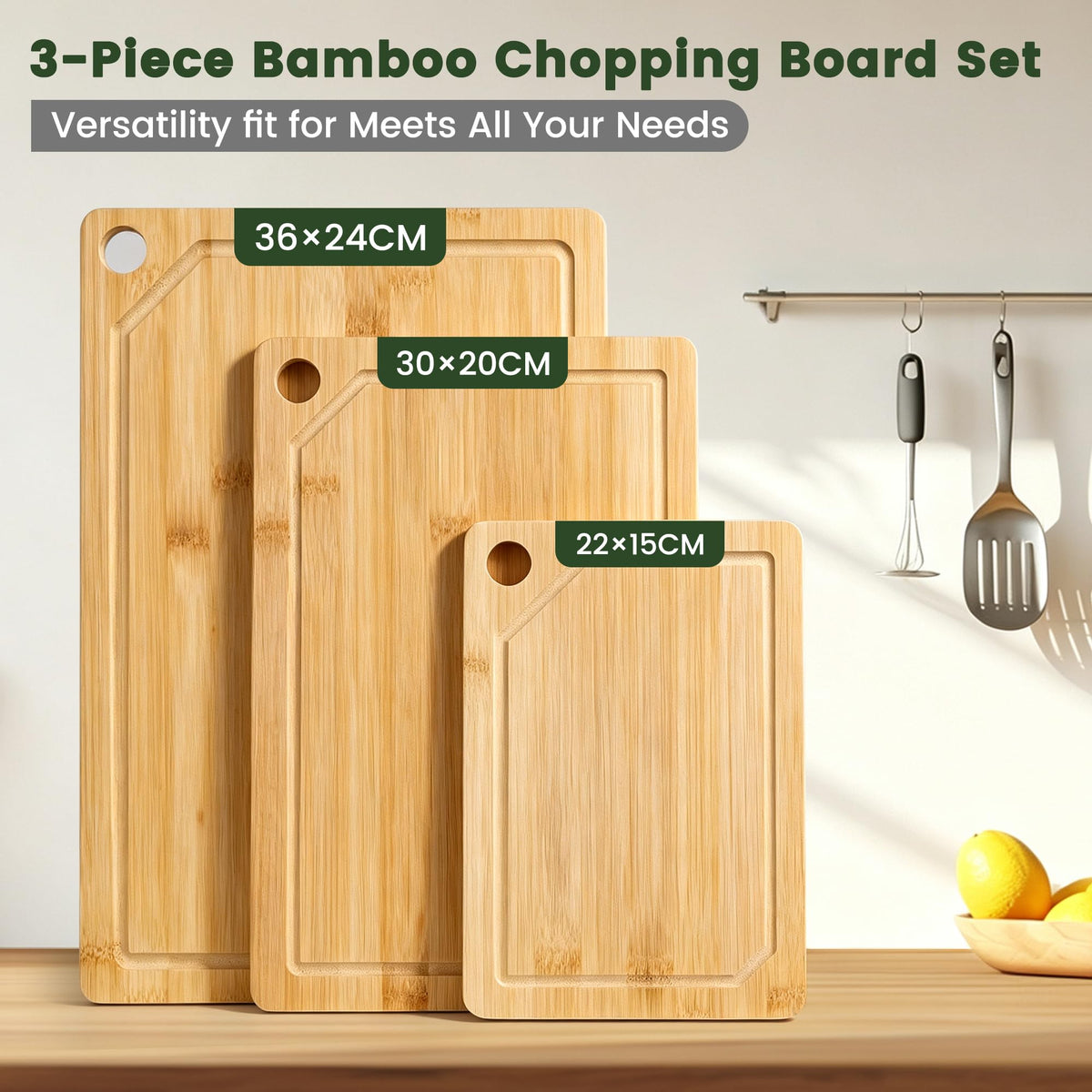 Rottogoon 3 Piece Bamboo Chopping Board Set- Large, Medium, & Small Sizes