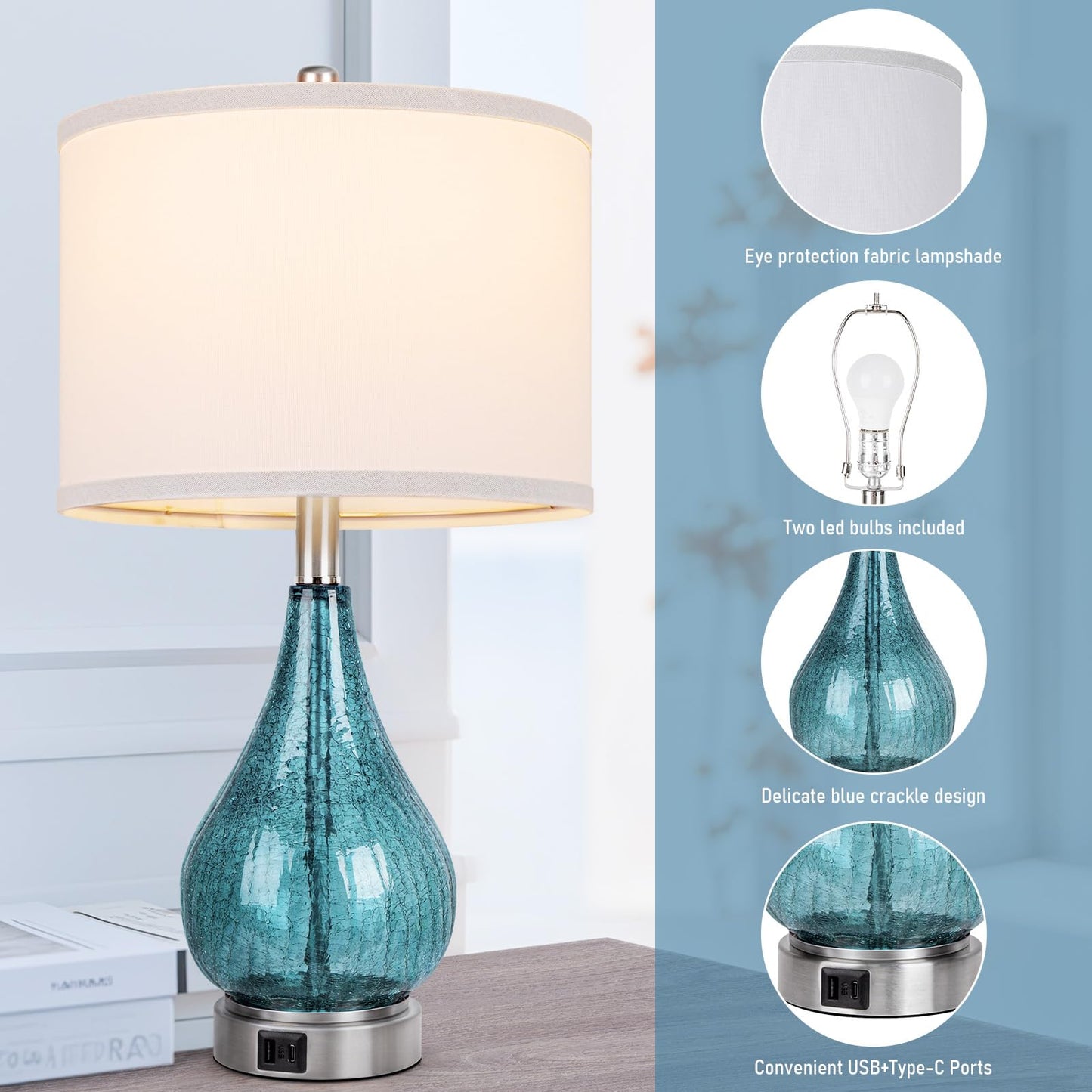 ROTTOGOON Glass Table Lamp for Living Room Bedroom Set of 2, Dimmable Modern Bedside Lamps for Home Decor with White Fabric Shade