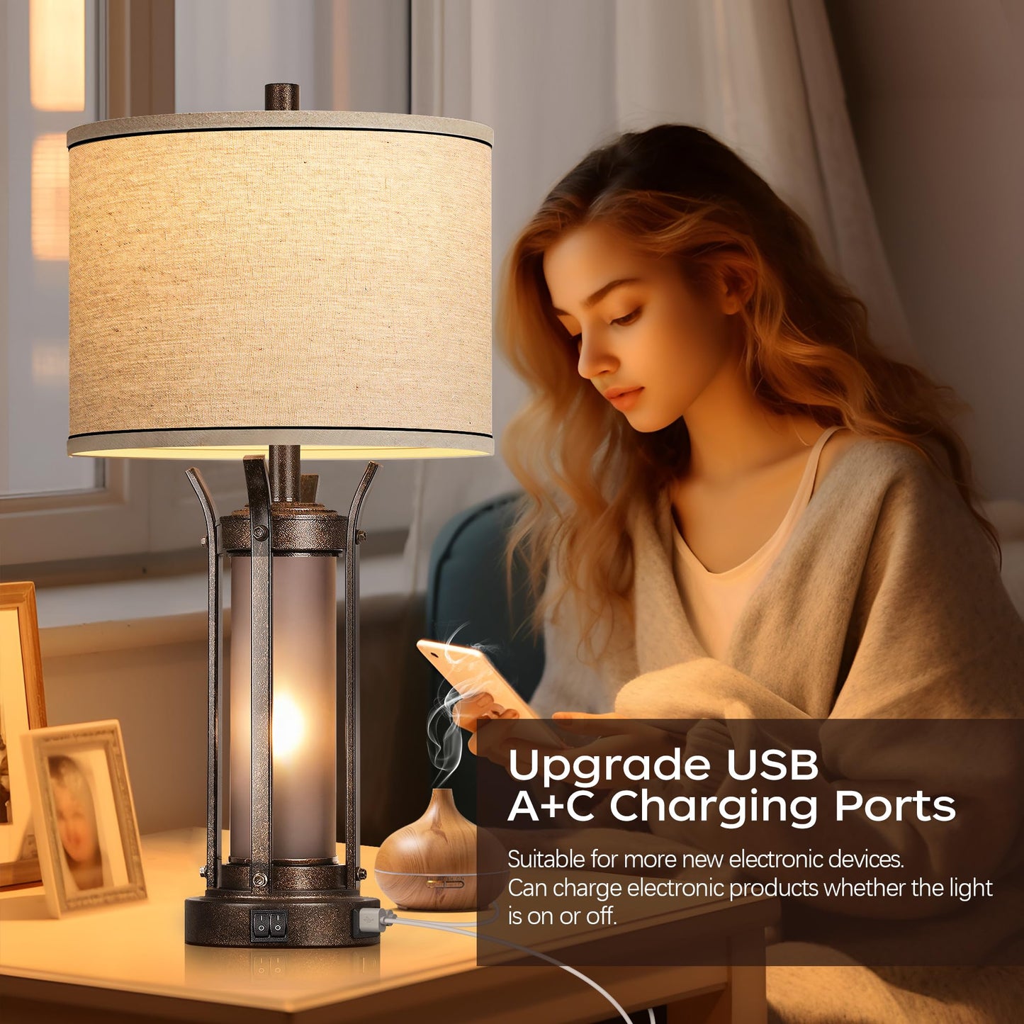 ROTTOGOON Farmhouse Table Lamps with USB A+C Charging Ports, Frosted Glass Lamp for Bedroom Living Room Entryway, Bulbs Included, Bronze