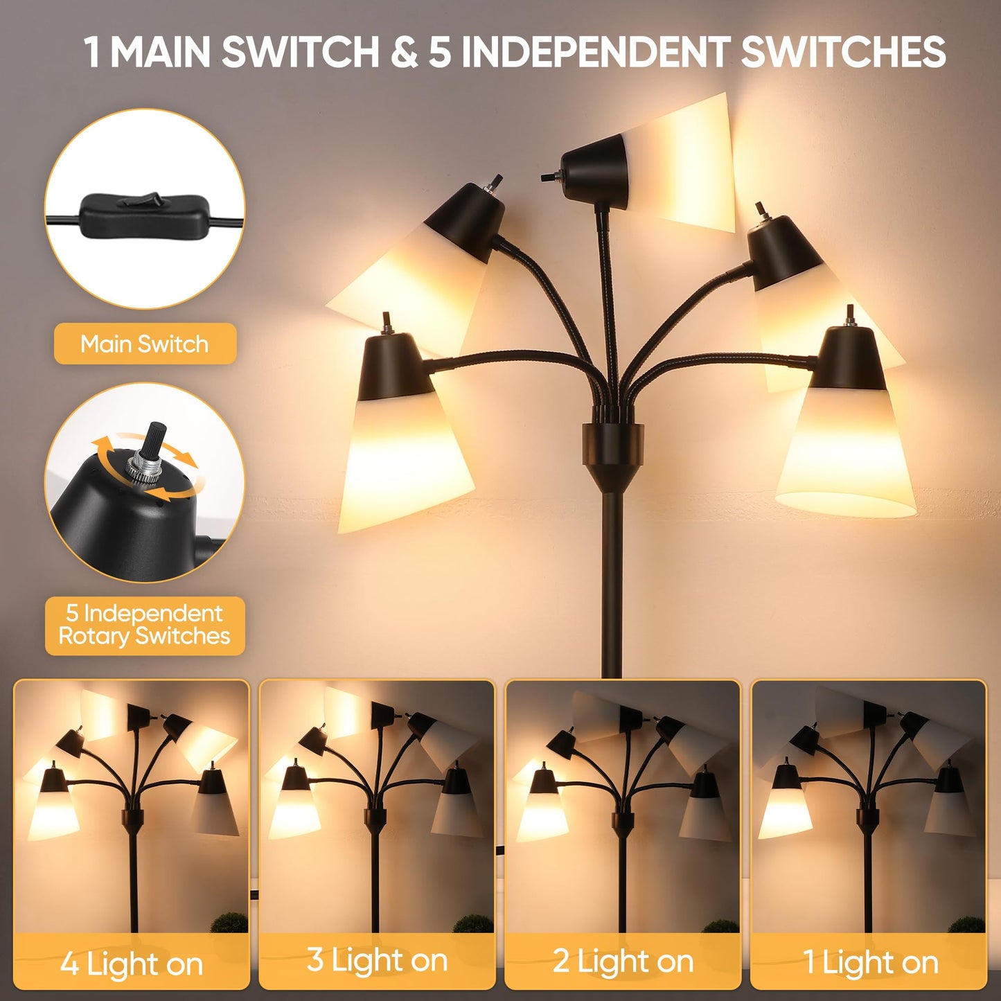 ROTTOGOON Medusa Bedside Table lamp for Bedroom, Modern Multi Head 5 Shade Lamps, for Night Stands Living Room Kids Room Office