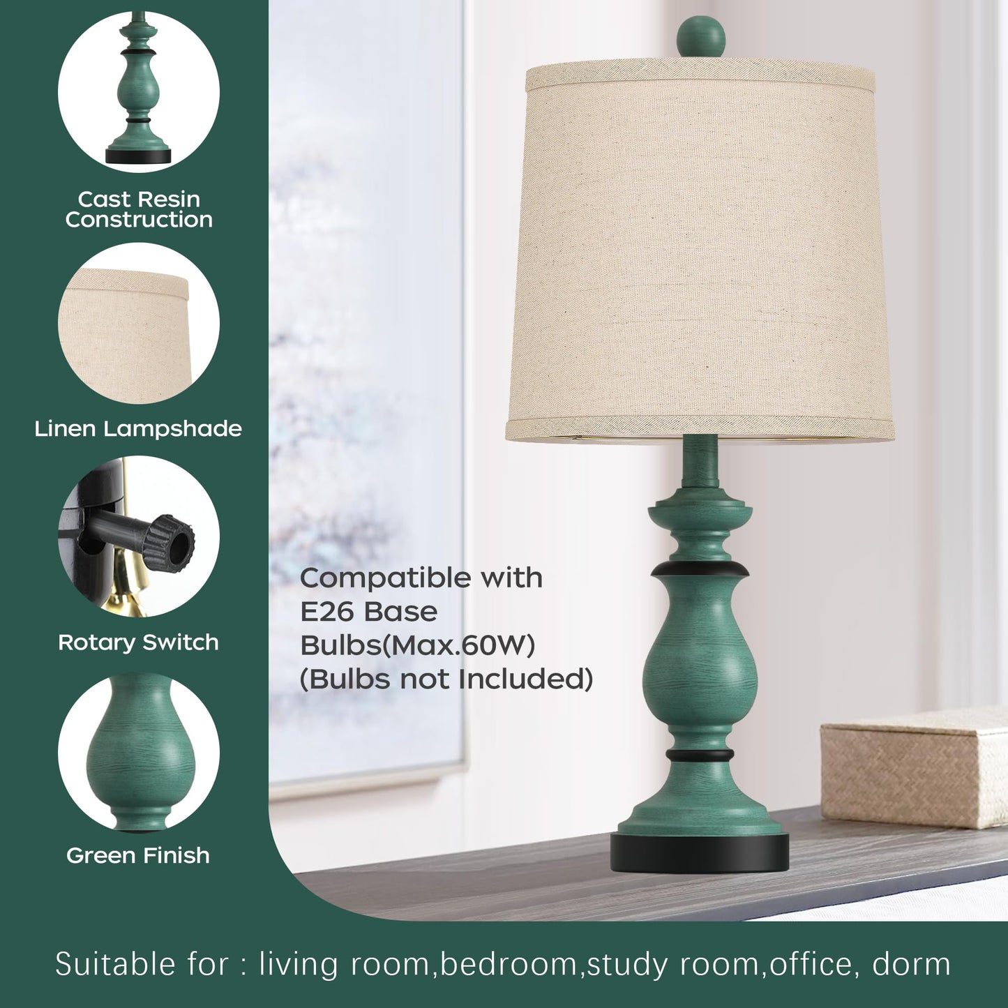 ROTTOGOON 22" Traditional Table Lamp Set of 2, Rustic Farmhouse for Living Room Bedroom, Vintage Bedside Nightstand Lamps with Linen Shades