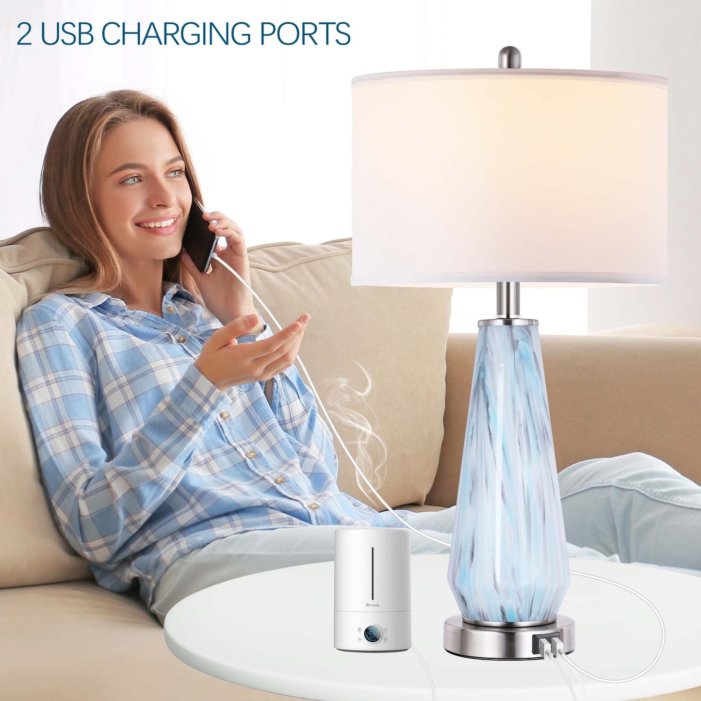 ROTTOGOON Modern Table Lamp Set of 2 Touch Control, Dimmable Bedside Lamp with USB Ports & White Drum Shade for Living Room, Bedroom