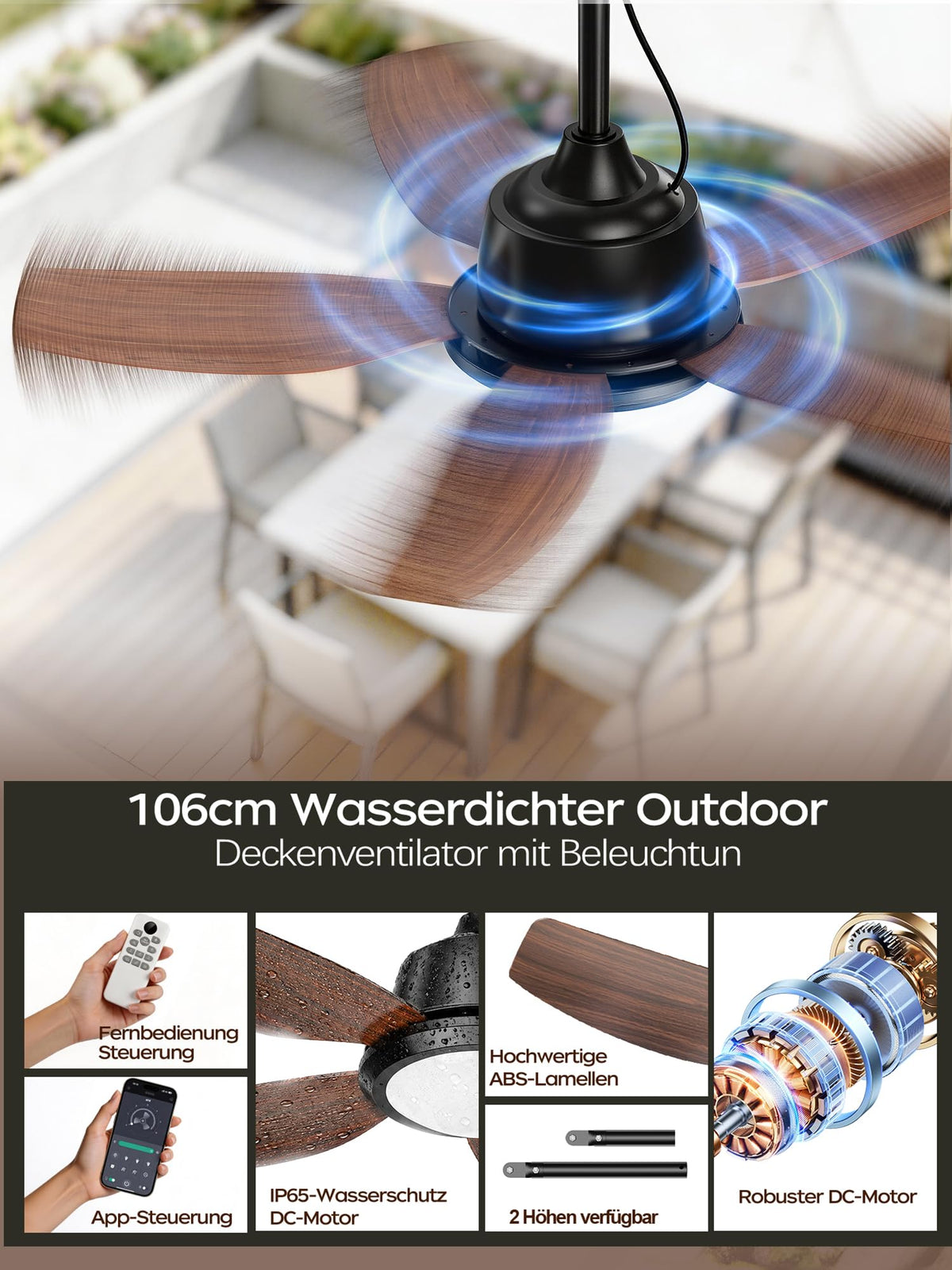 ROTTOGOON Outdoor Deckenventilator mit Beleuchtung 106cm, IP65, 5 Flüge [Energieklasse E]