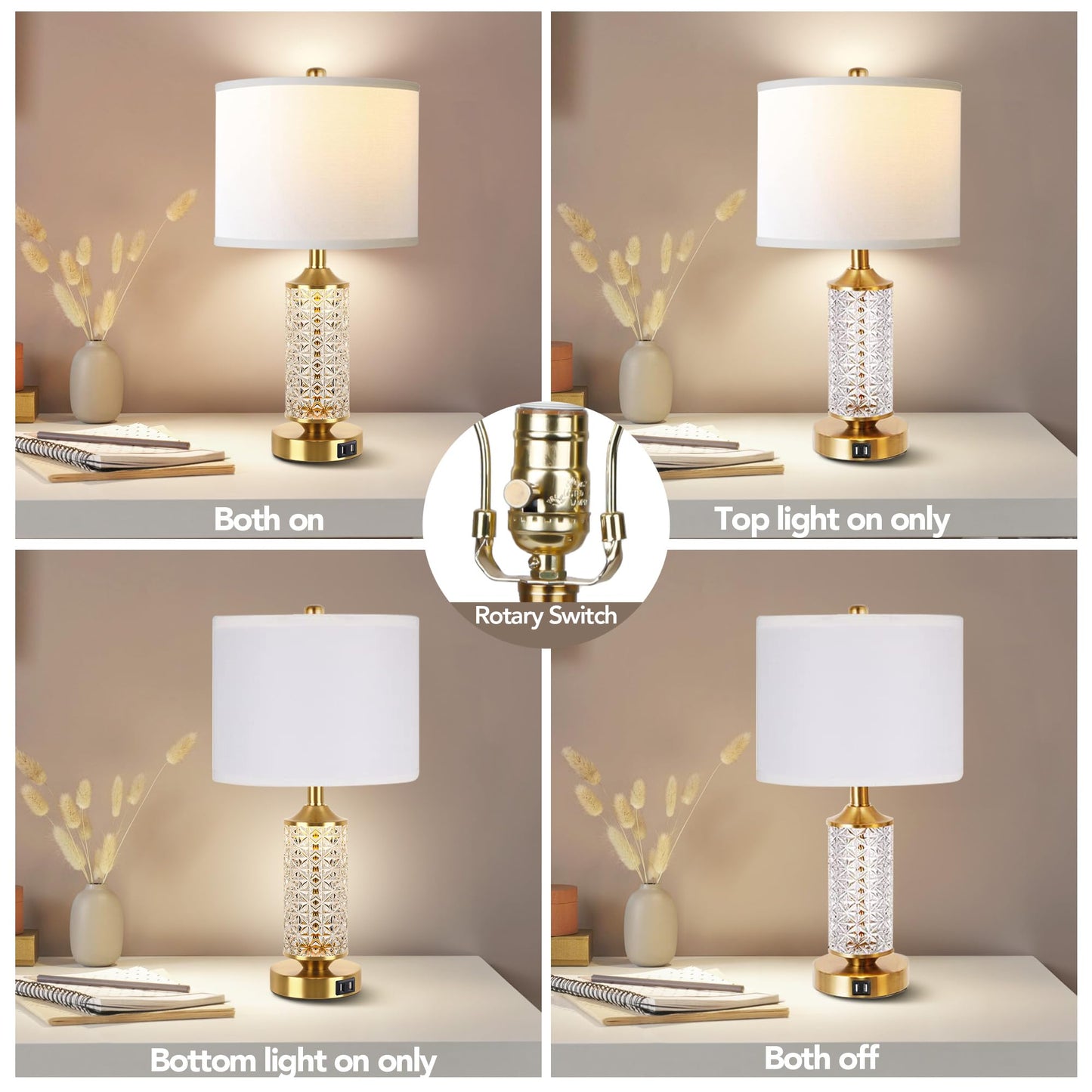 ROTTOGOON Set of 2 Table Lamps with USB Ports, Modern Bedside Lamp with LED Night Light for Bedroom, Nightstand Lamps for Living Room Office